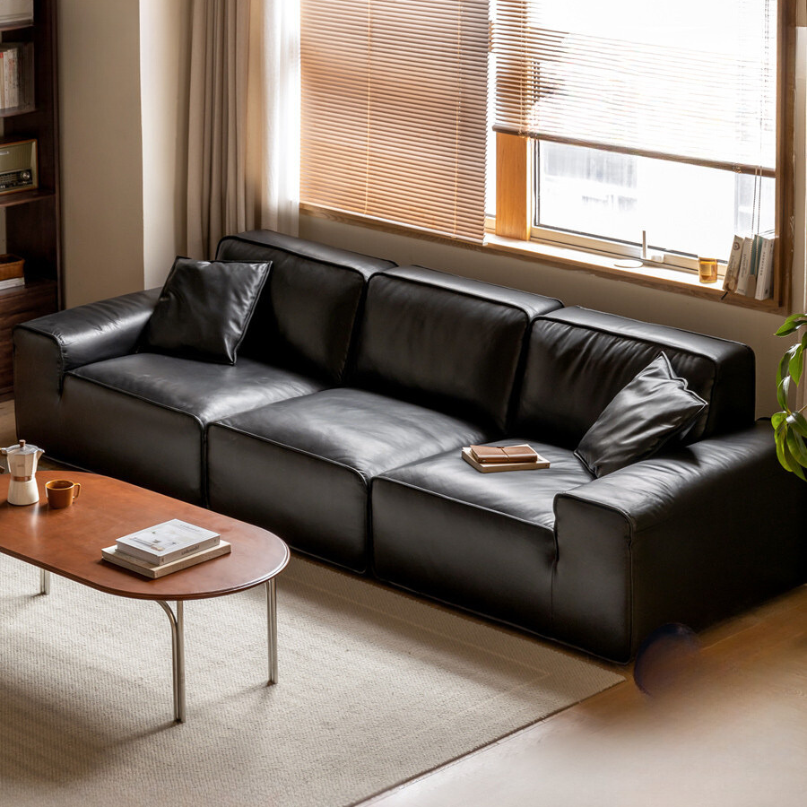 Top-grain Cowhide Leather Black Sofa.