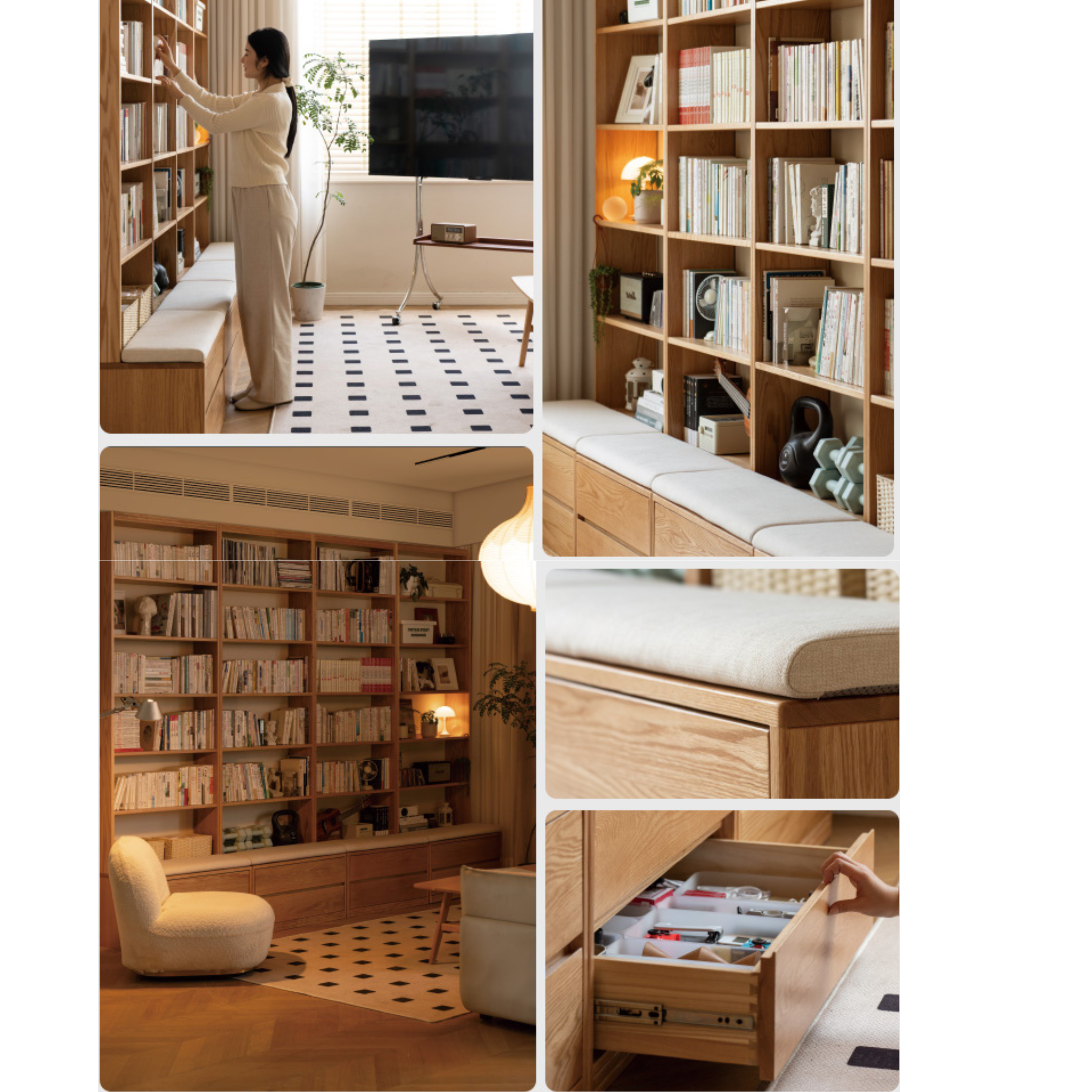Oak, Ash Solid Wood Wall-To-Wall With Seat Combined Bookshelf