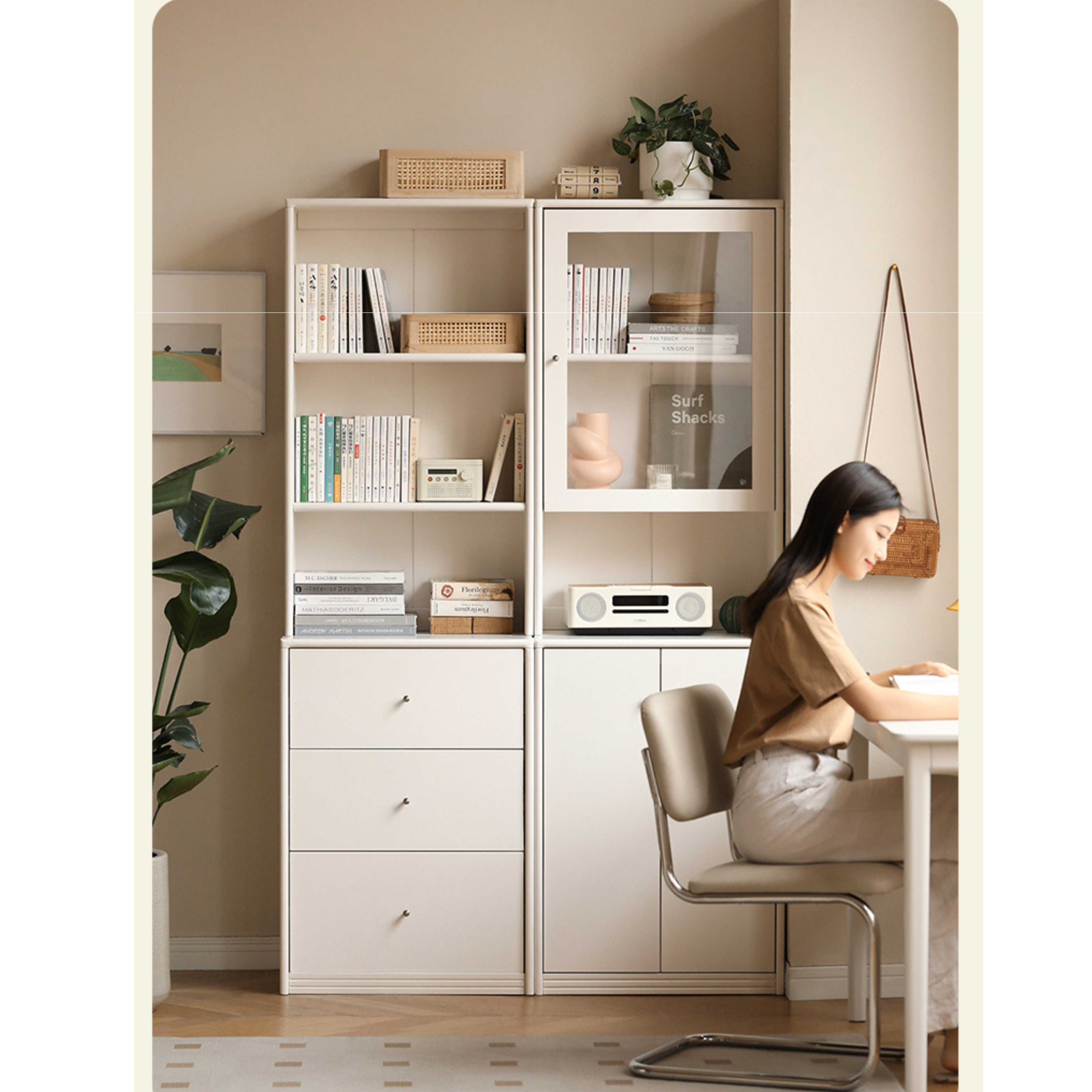 Poplar Solid Wooden Bookcase Cream White Free Combination Glass Door Display Cabinet