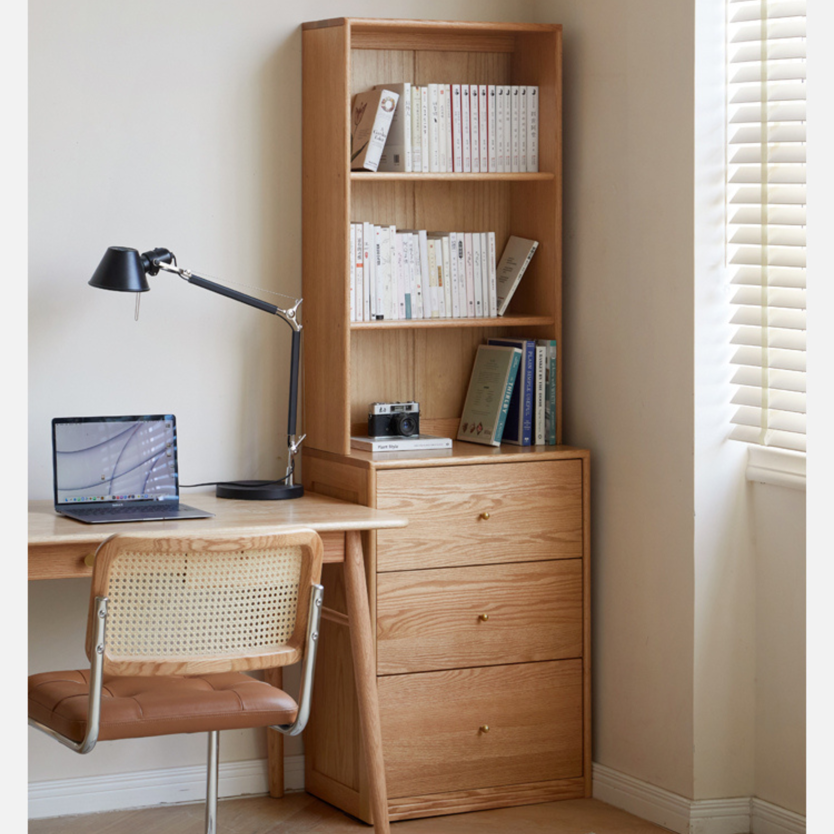 Oak Solid Wood Floor-To-Ceiling Combination Bookshelf, Glass Bookcase