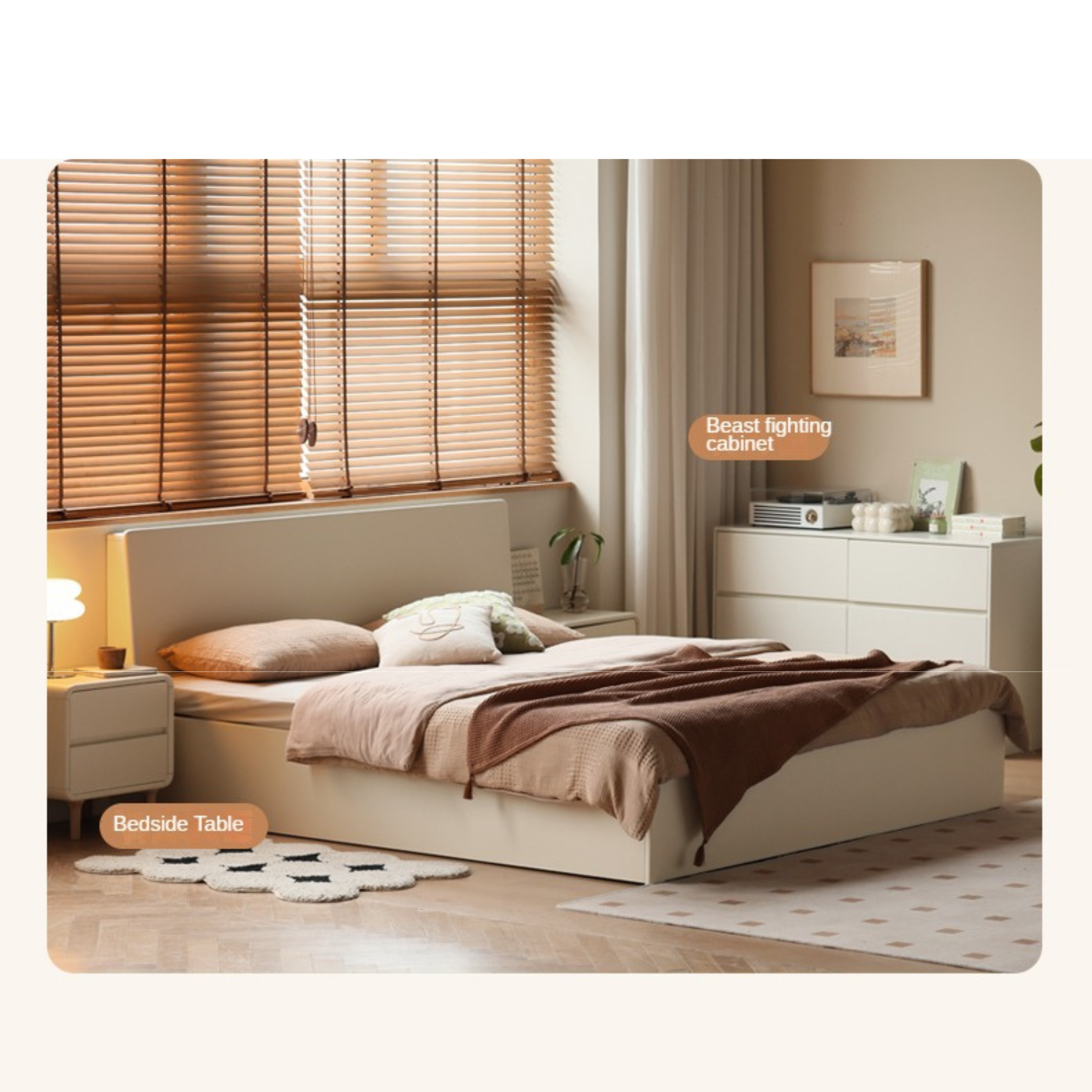 Rubber Wood,Poplar Solid Wood Box Bed, Cream Storage Bed