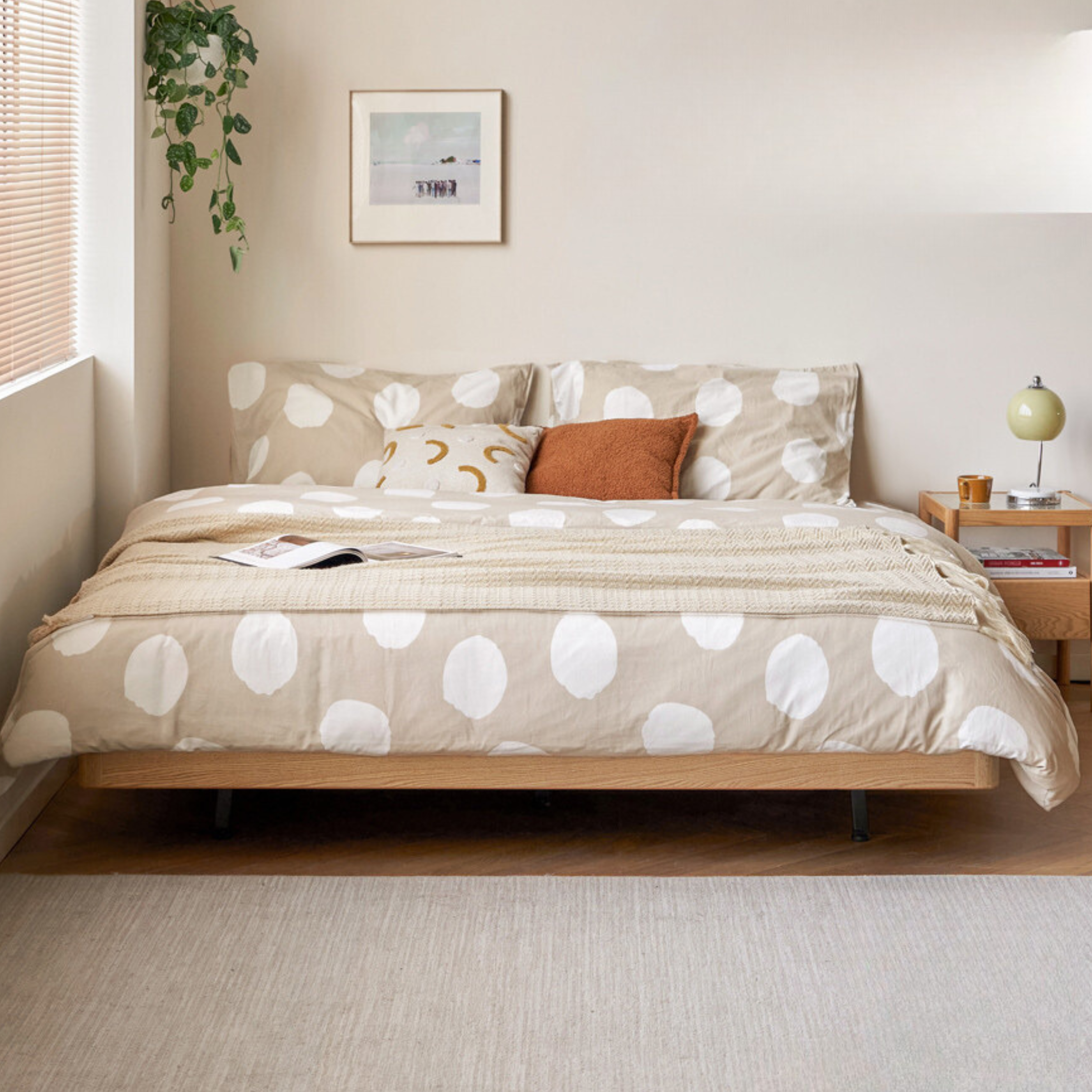 Oak Solid Wood platform bed, headboard-free bed Night Light Suspended Bed
