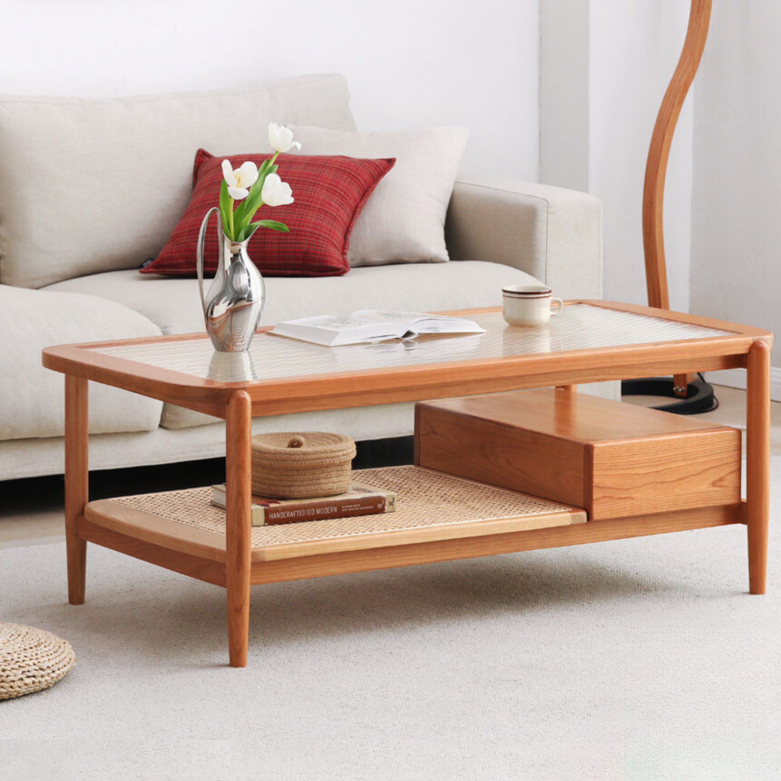 Cherry Solid Wood Coffee Table Glass, Rattan