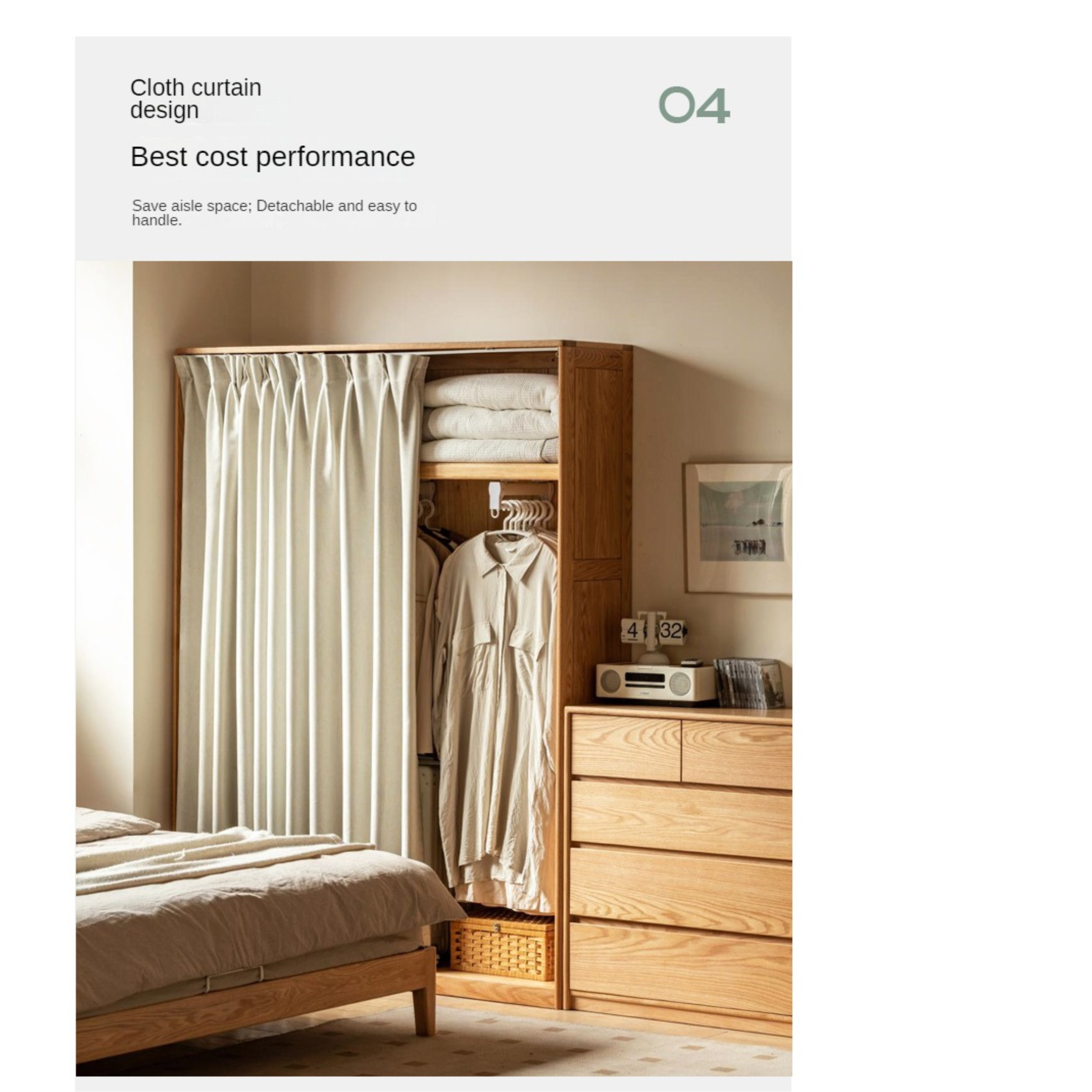 Solid RubberWood, Oak Solid Wood Wardrobe Thin Cloth Curtain.