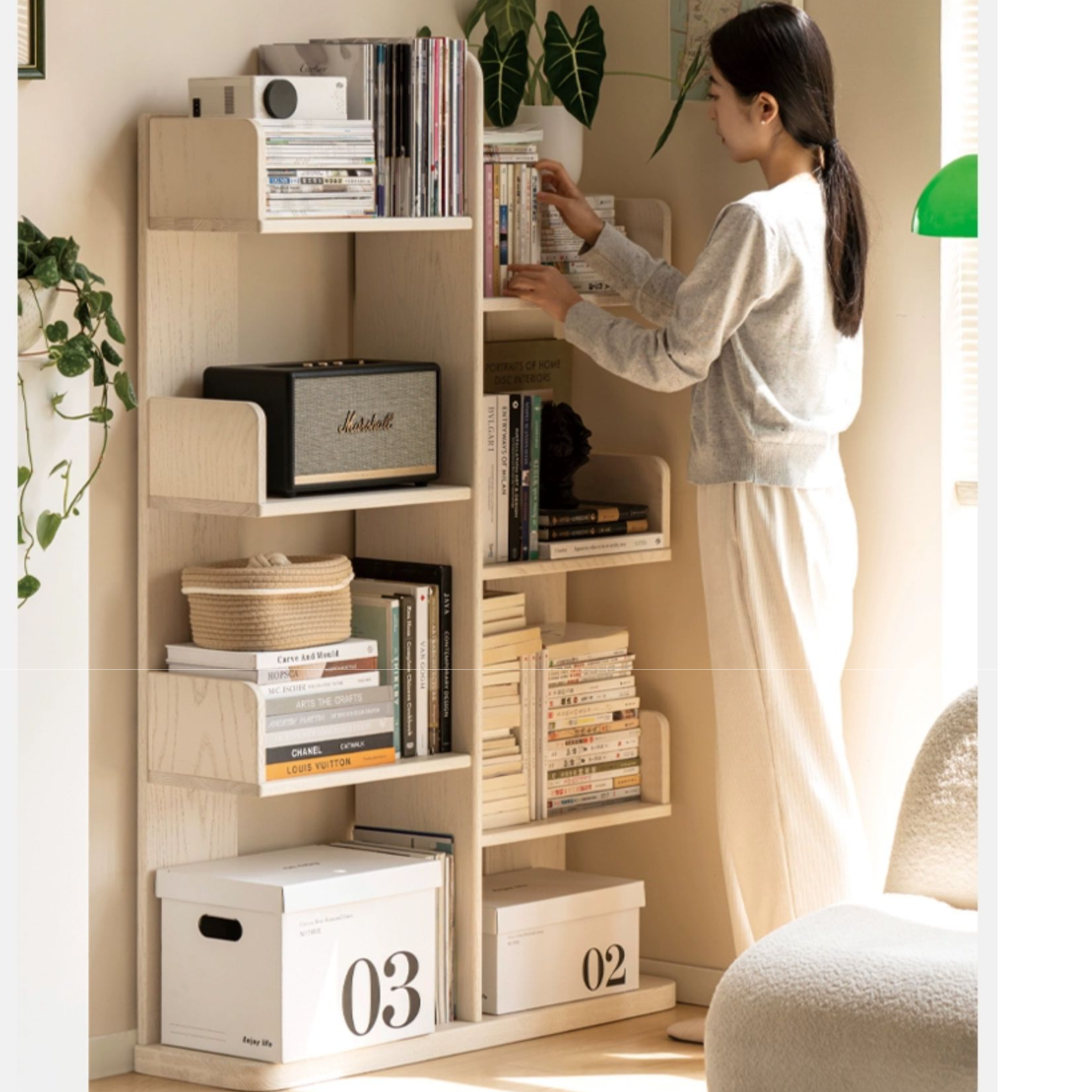 Oak Solid Wood Floor to Floor Cream Cactus Shelf Corner Bookcase Display<