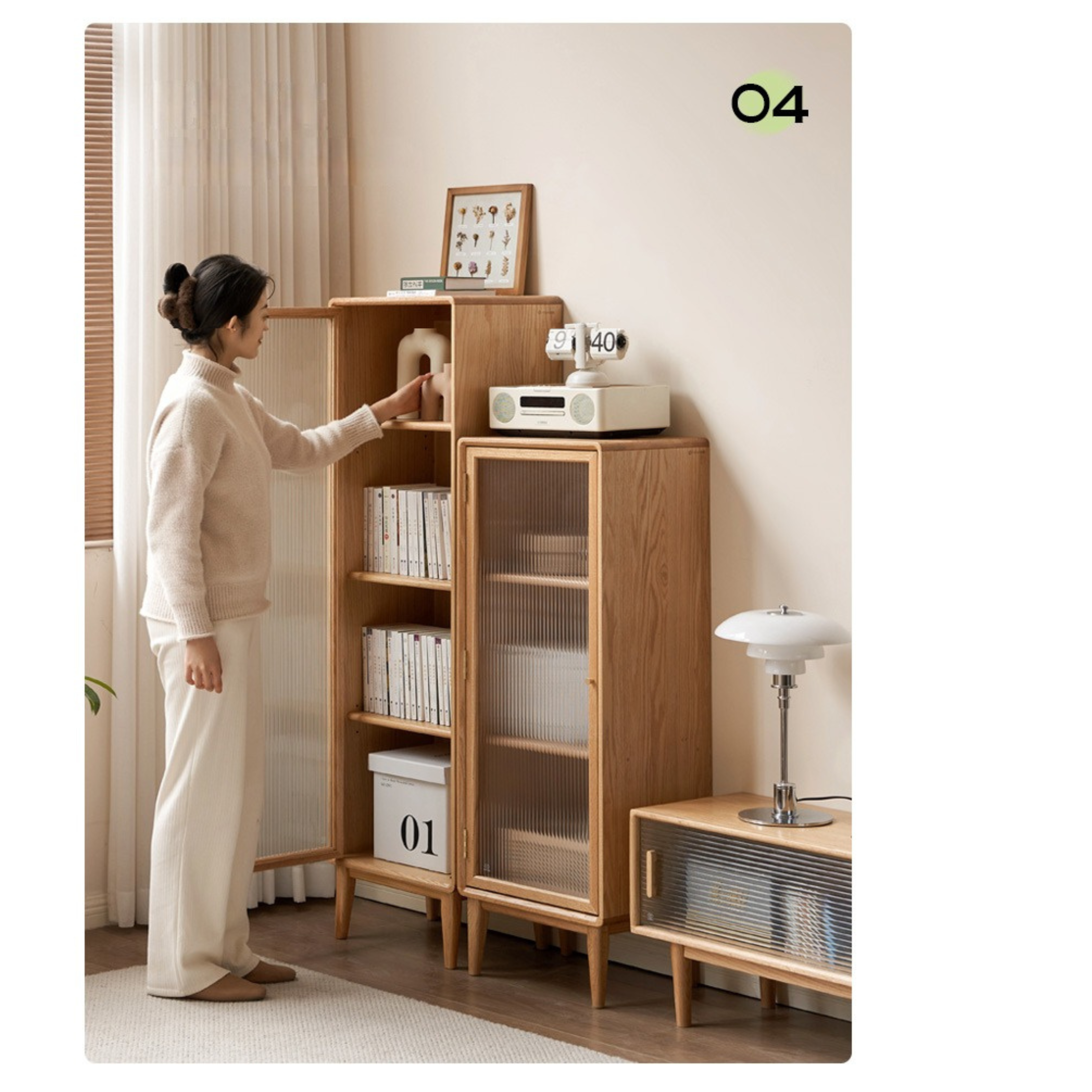 Oak, Beech Solid Wood Side Cabinet, Small Bookcase