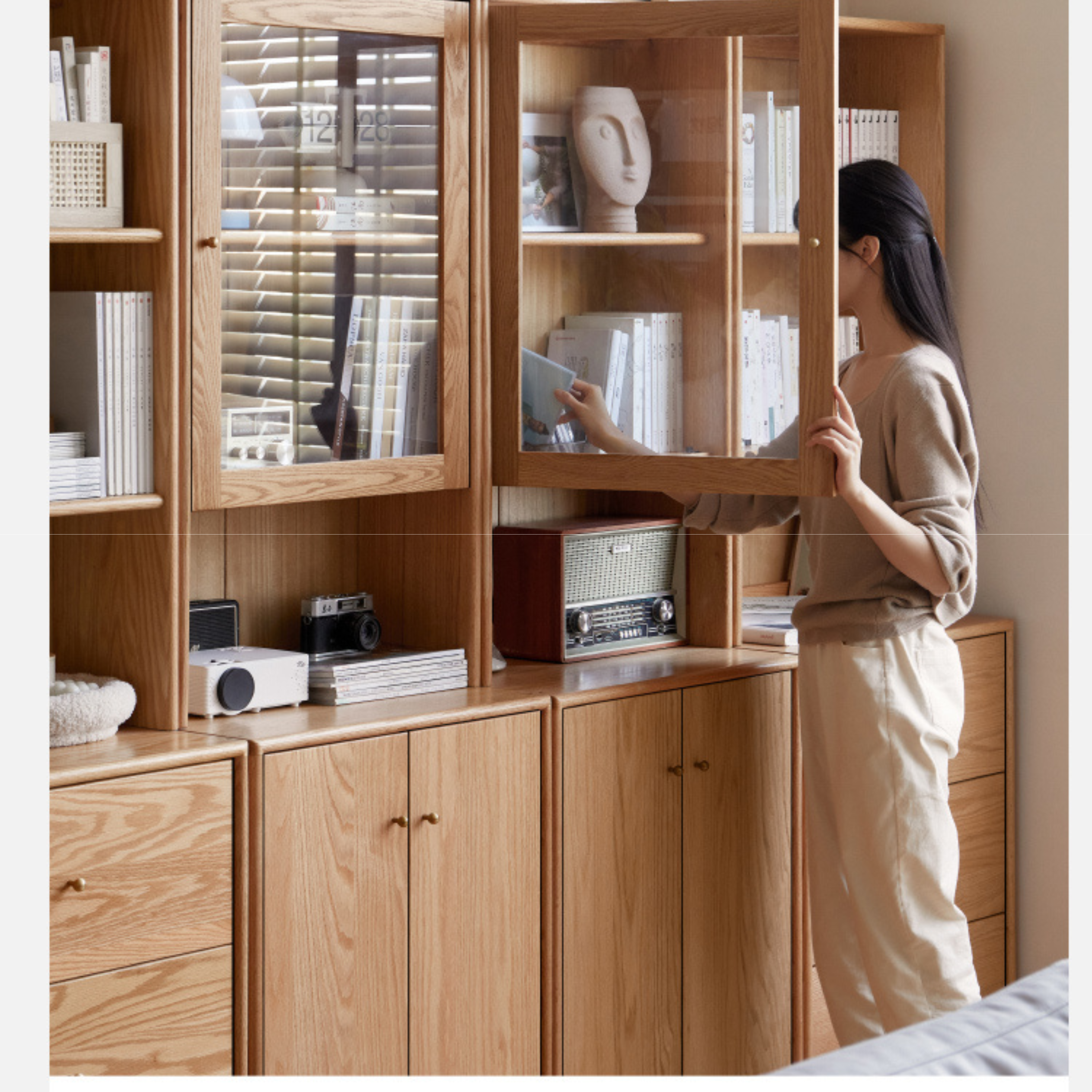 Oak Solid Wood Floor-To-Ceiling Combination Bookshelf, Glass Bookcase
