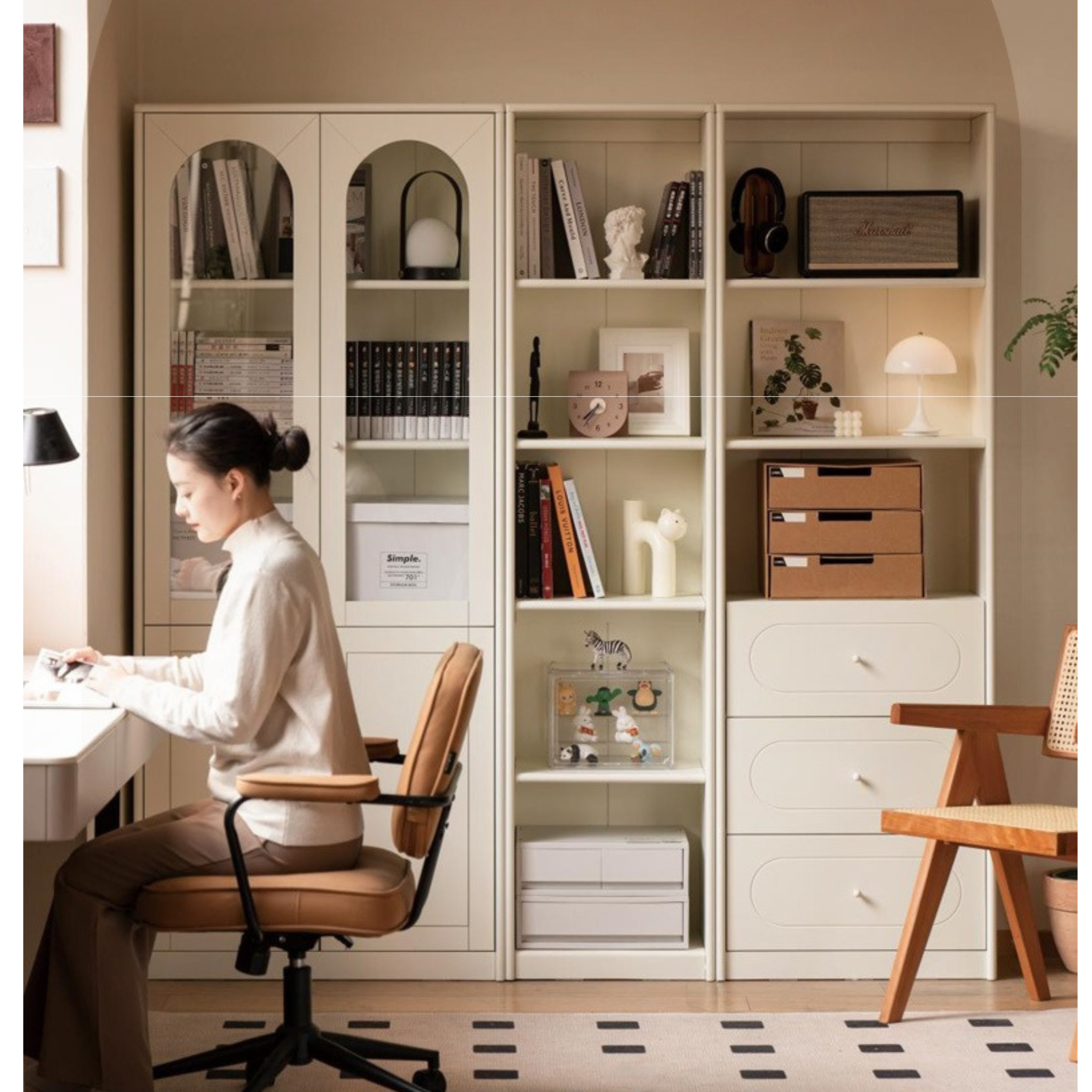 Poplar Solid Wood Bookcase White With Glass Door Whole Wall Combination French Cream Style
