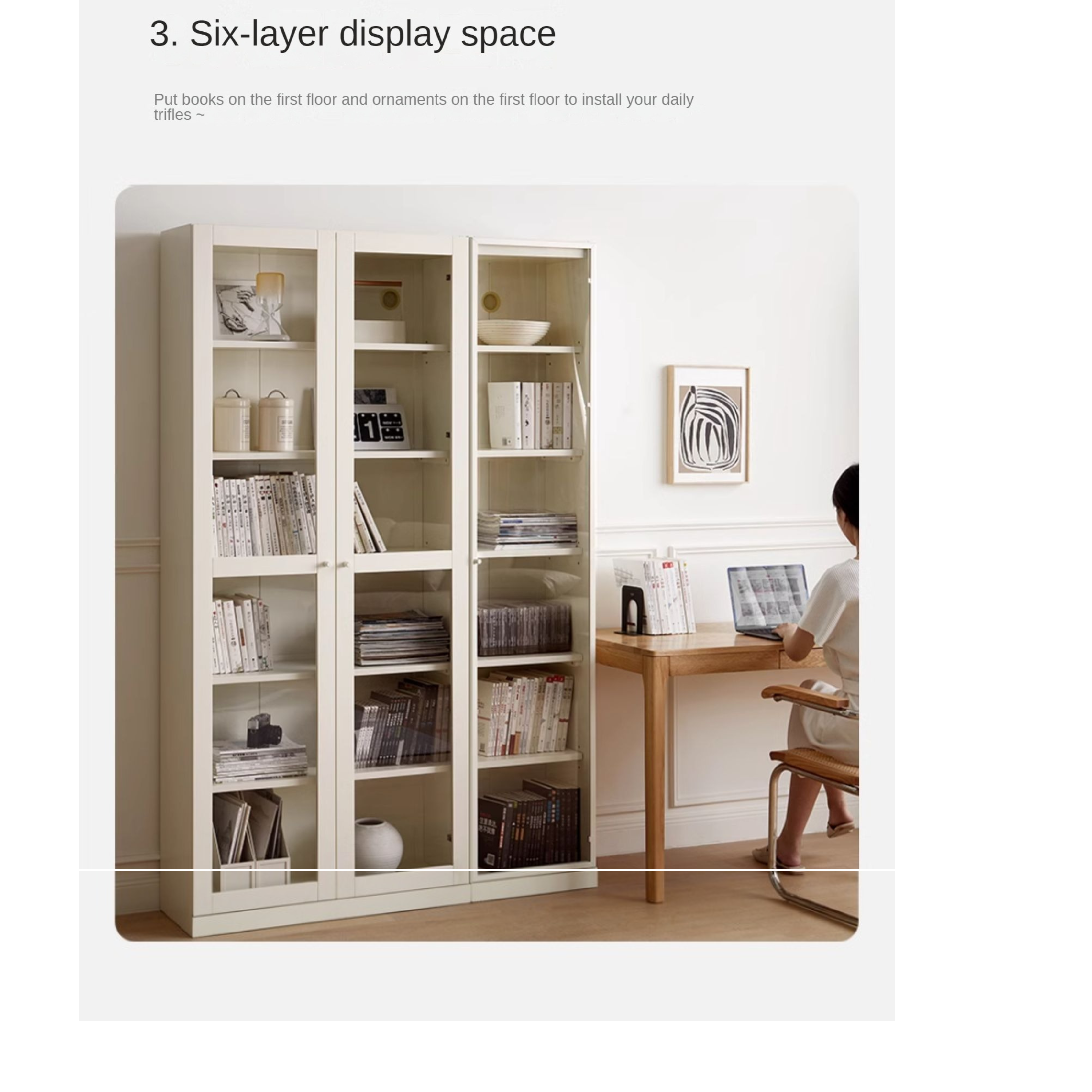 Poplar Solid Wood Combination Bookshelf Wall-To-Ceiling Bookcase Glass Door Display Cabinet Cream Style<