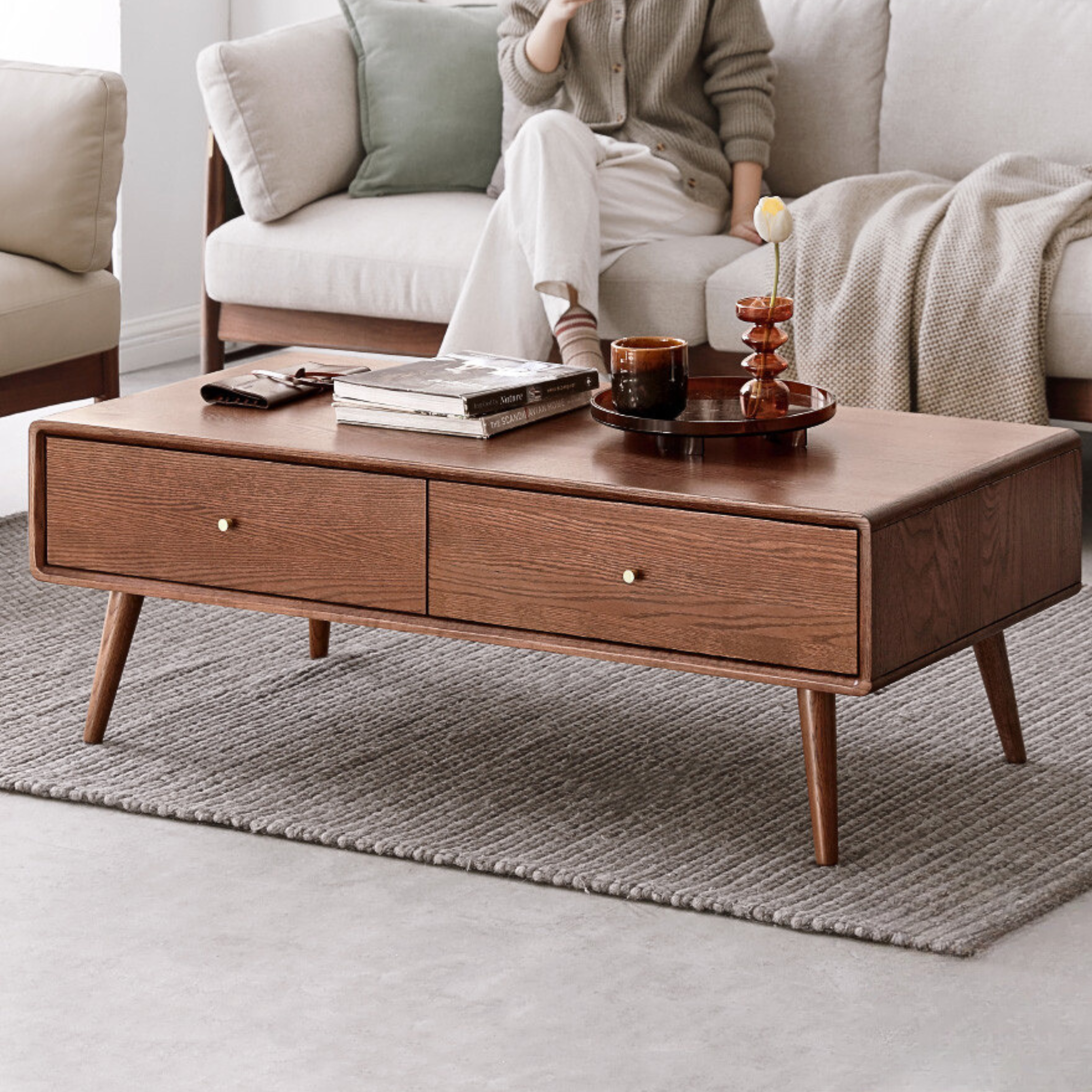 Oak Solid Wood Double-Sided Four-Drawer Coffee Table