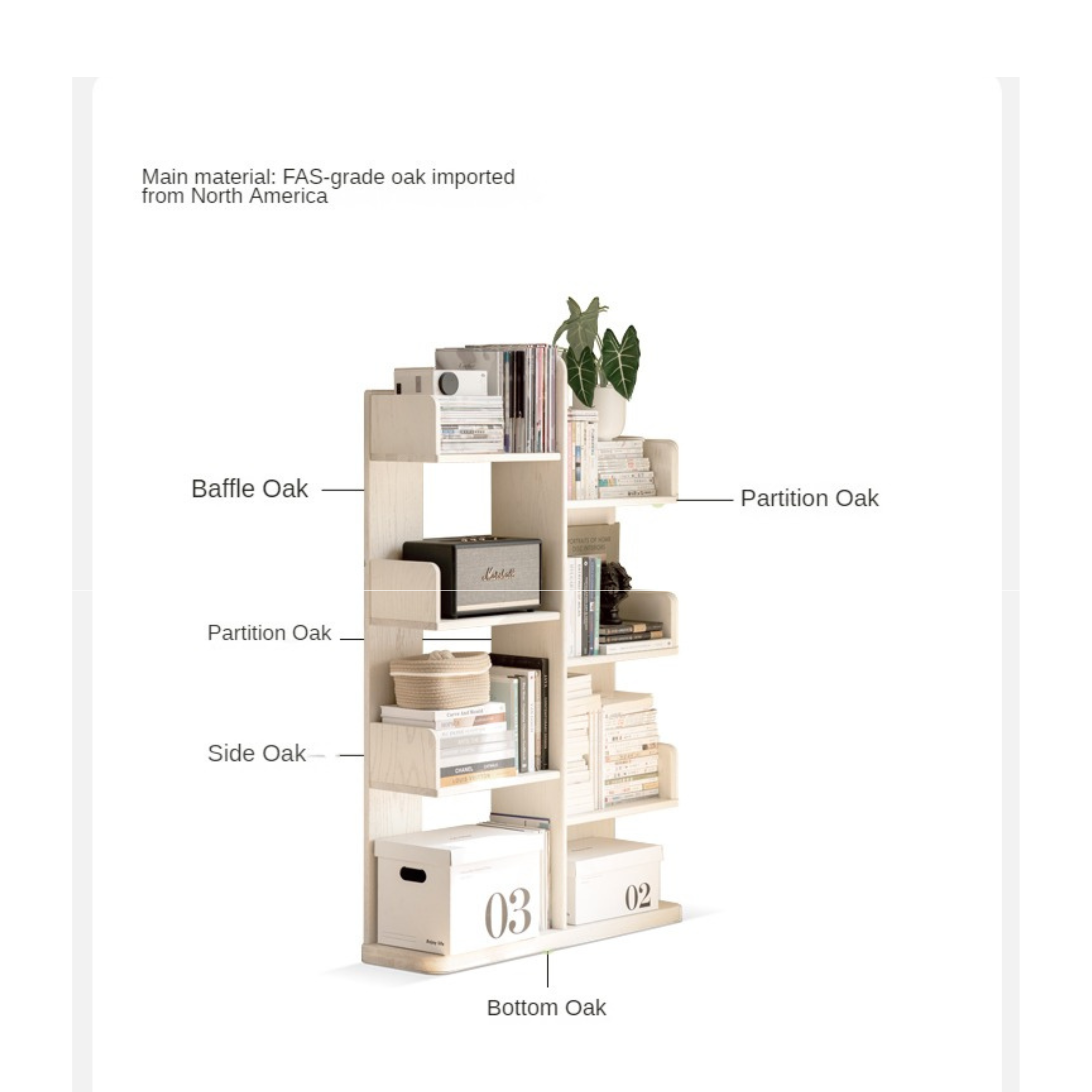 Oak Solid Wood Floor to Floor Cream Cactus Shelf Corner Bookcase Display<