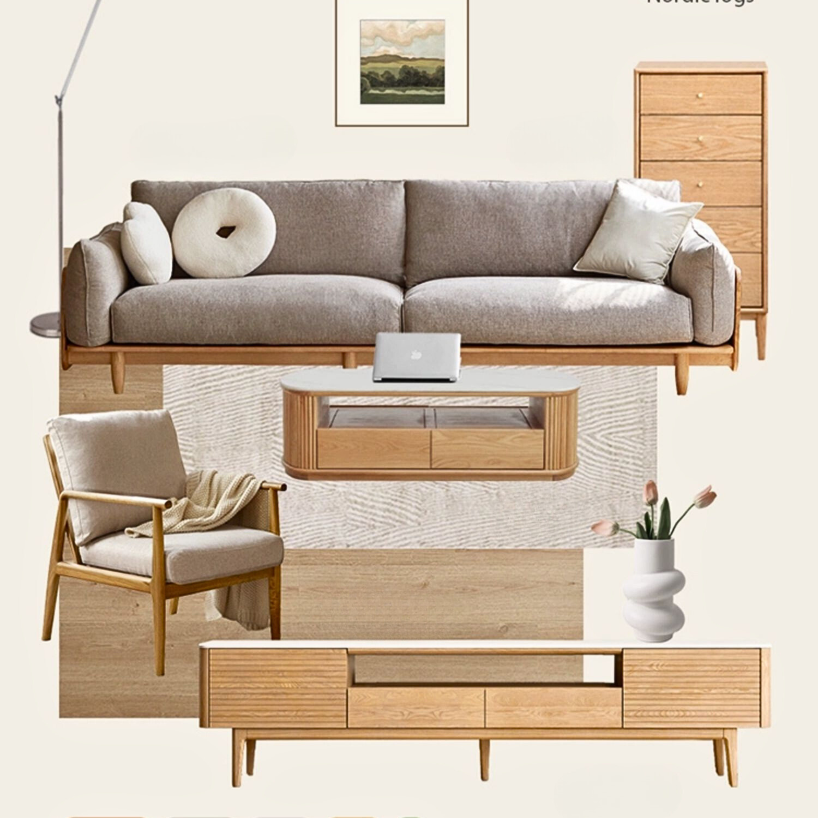 Oak, Ash Solid Wood Sofa Genuine Leather, Fabric.