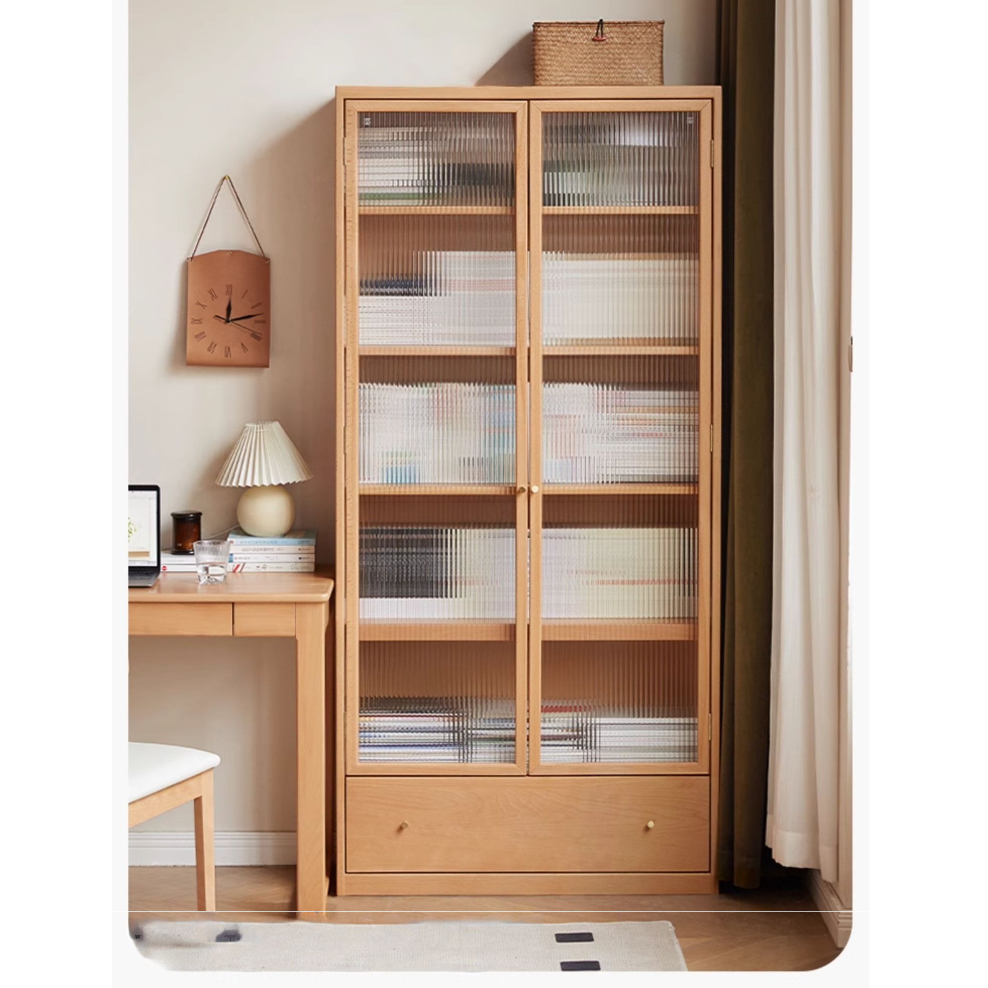 Beech European Solid Wood Bookshelf, Glass Door Storage Display Cabinet