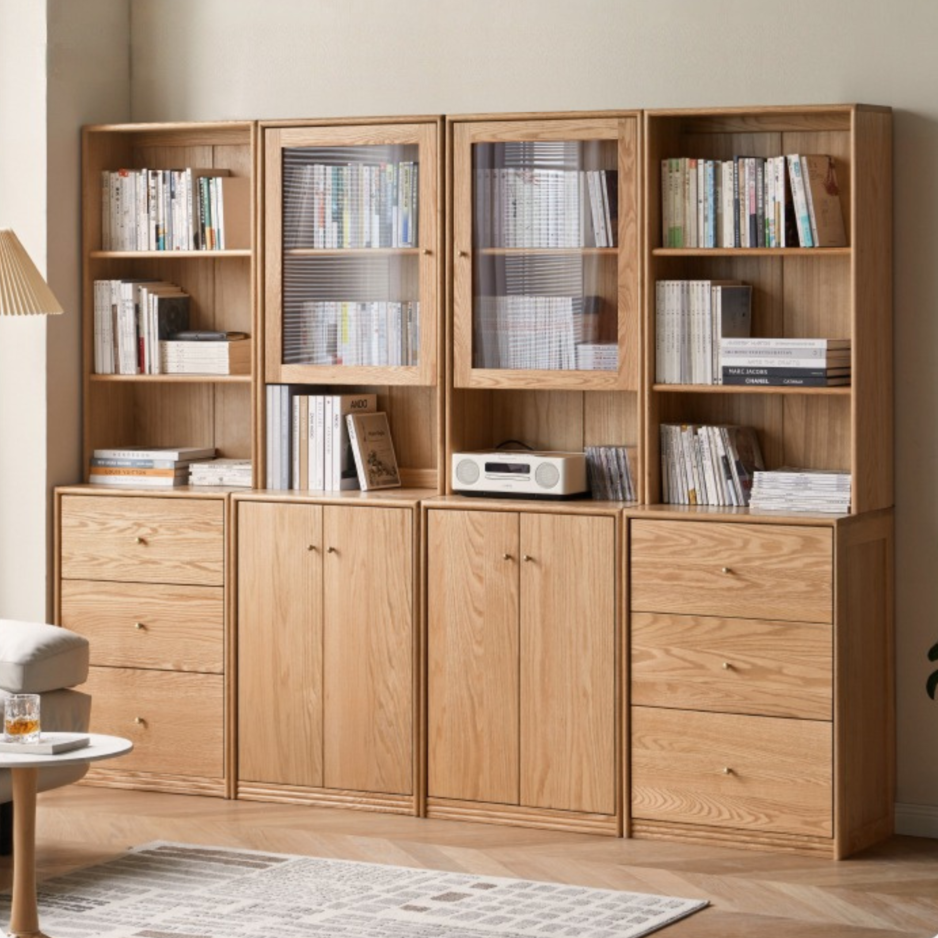 Oak Solid Wood Floor-To-Ceiling Combination Bookshelf, Glass Bookcase
