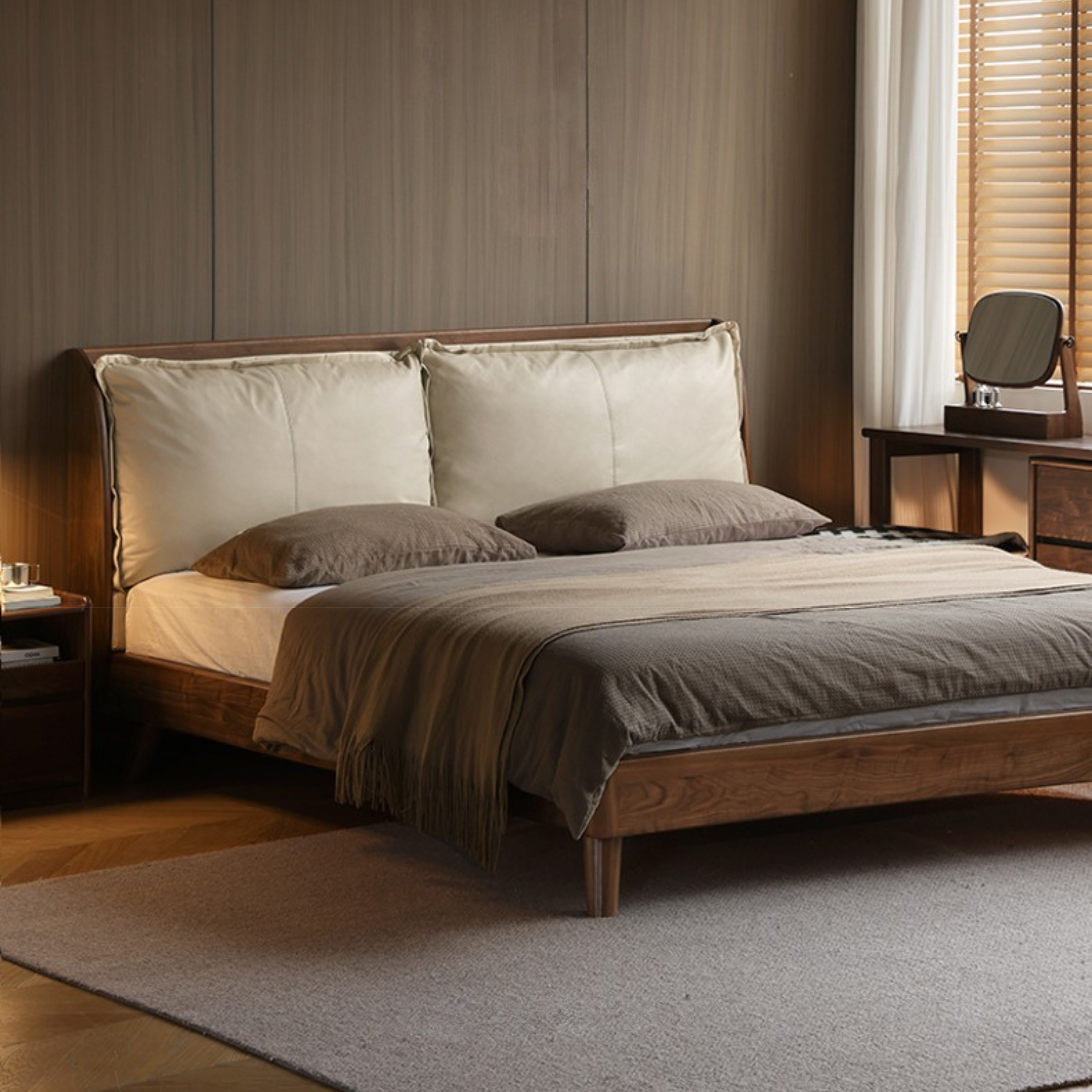 Black Walnut, Sandalwood Solid Wood Leather,Technology Cloth Bed