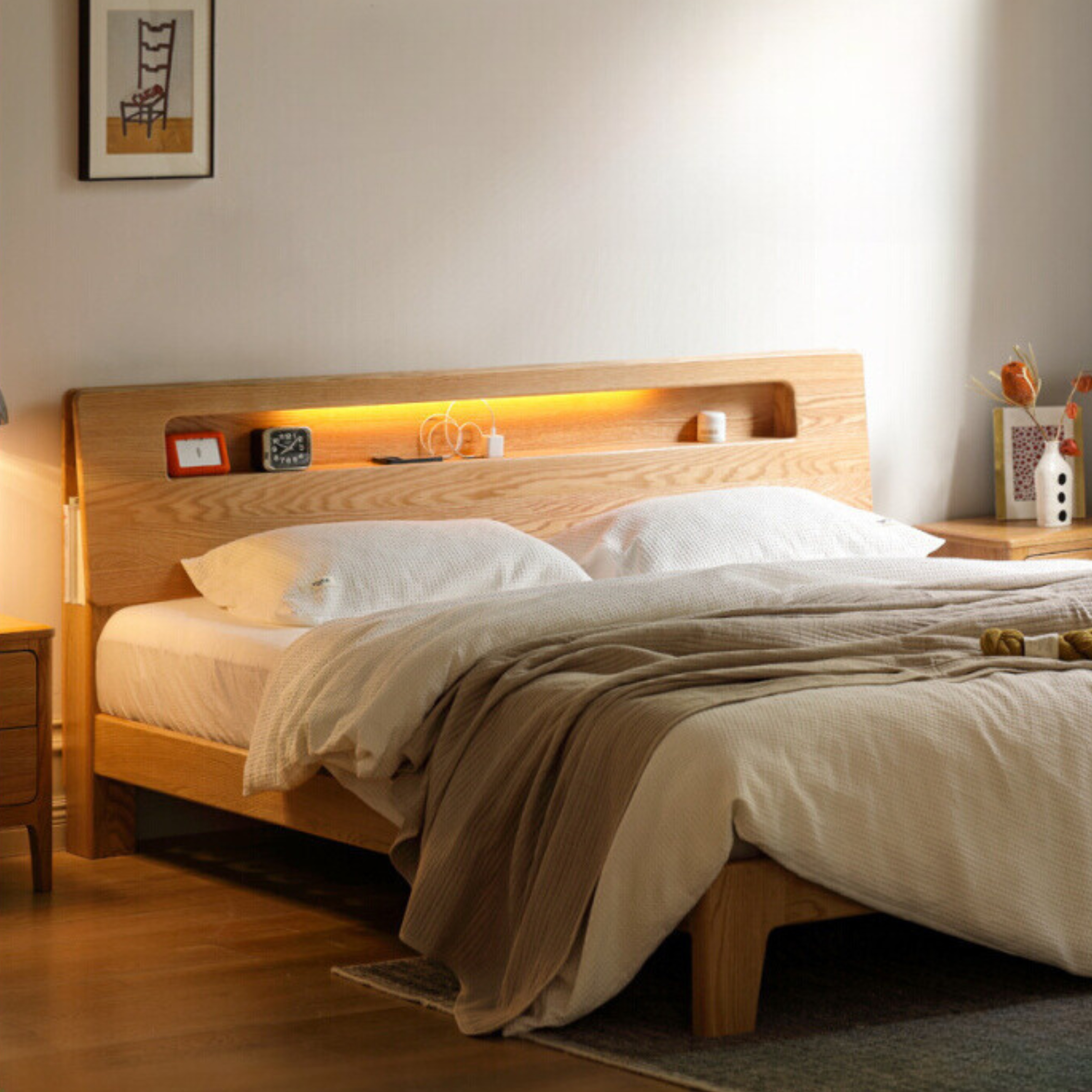 Oak, Beech Solid Wood With Light And Bookshelf Bed