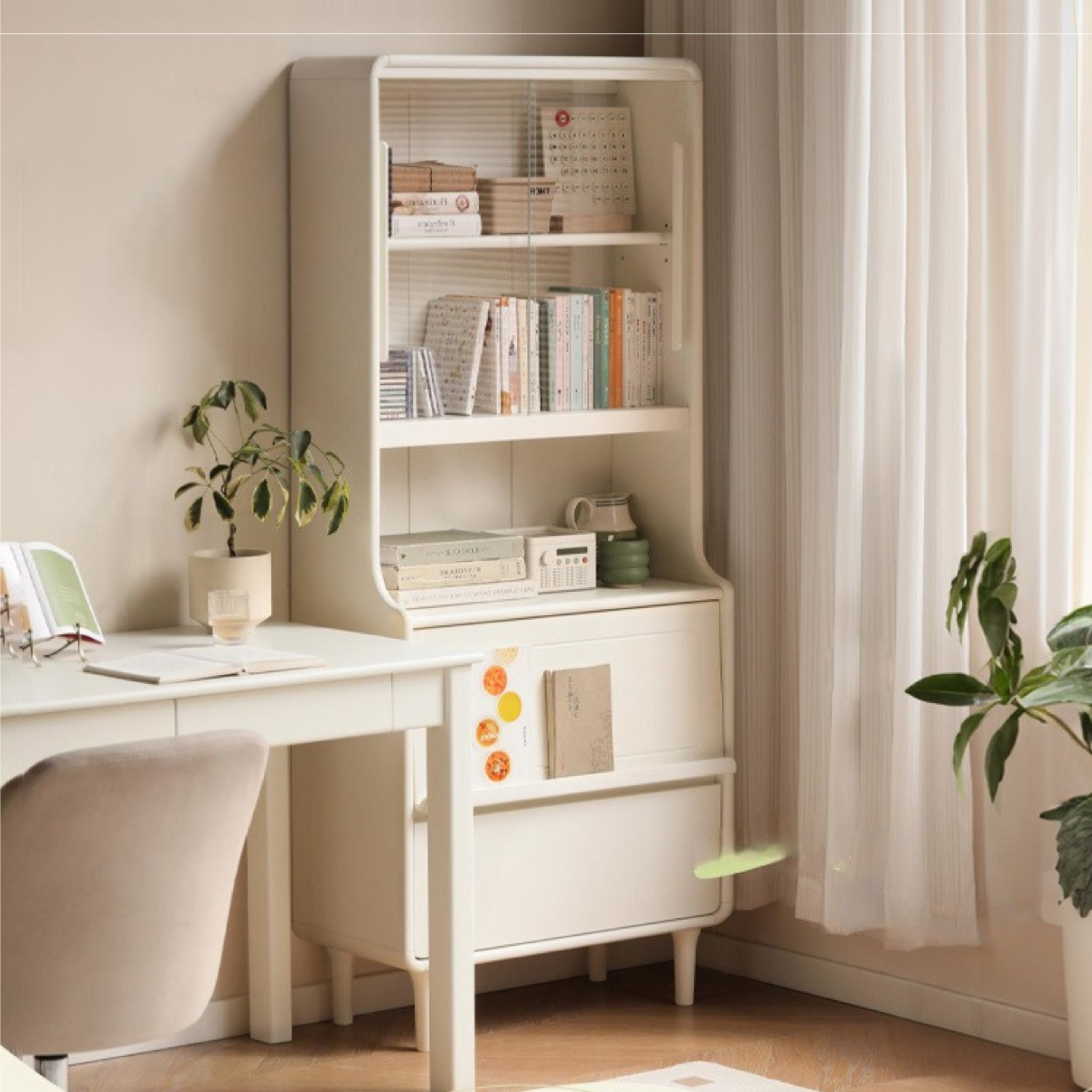 Rubber Solid Wood Bookcase Cream Storage Cabinet Display