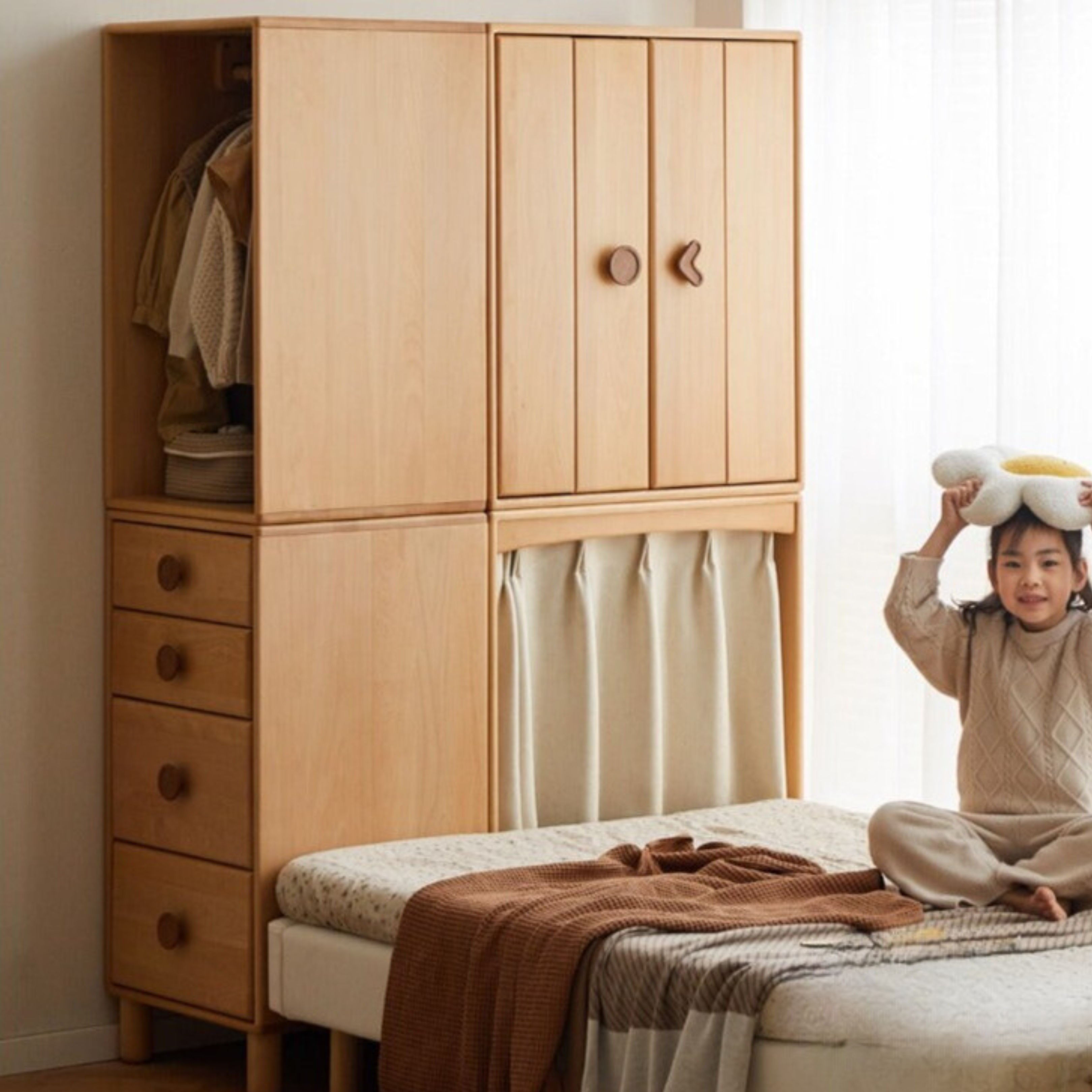 Beech, Rubber Solid Wood Children's Wardrobe,Combination Storage Cabinet