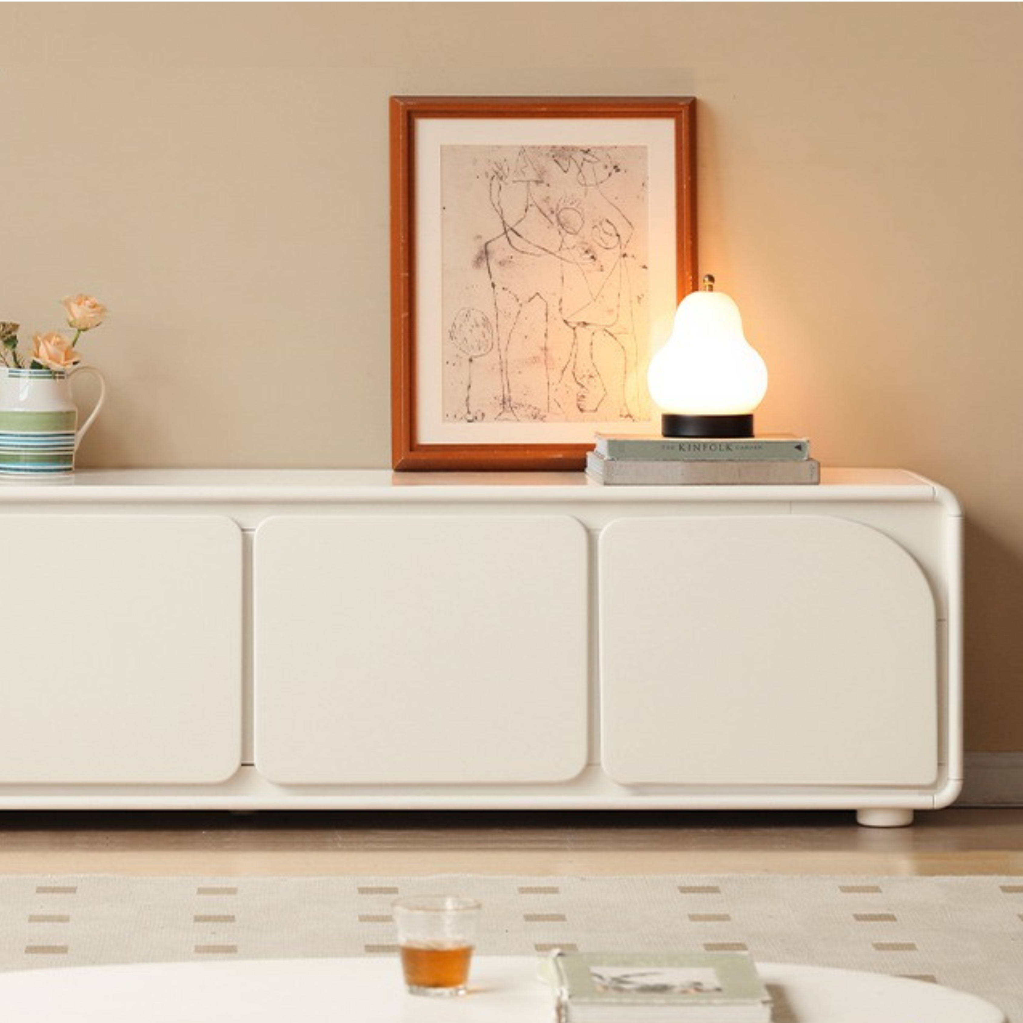 Poplar Solid Wood TV Cabinet Cream Style Floor Cabinet.