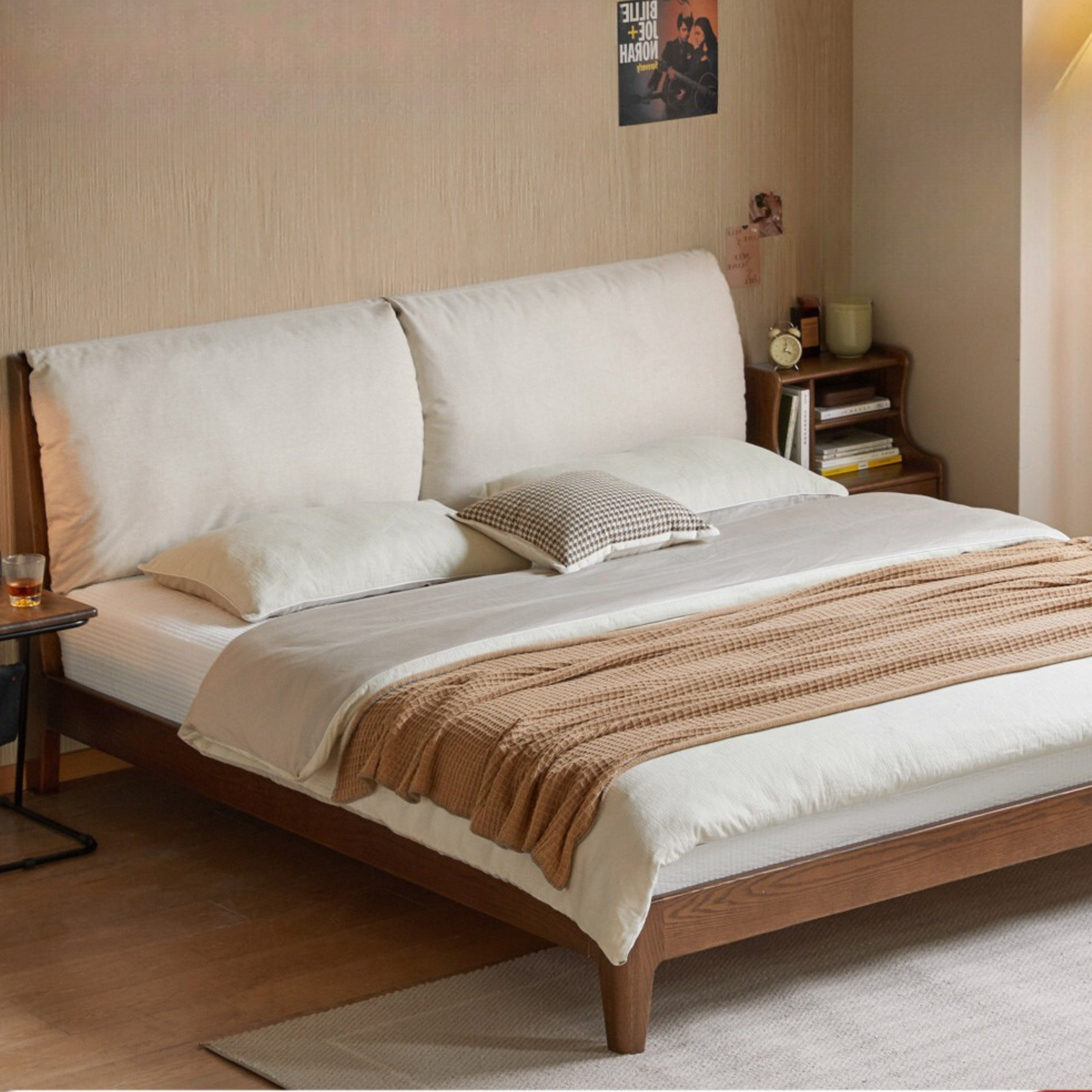 Oak Solid Wood Fabric Soft Bed