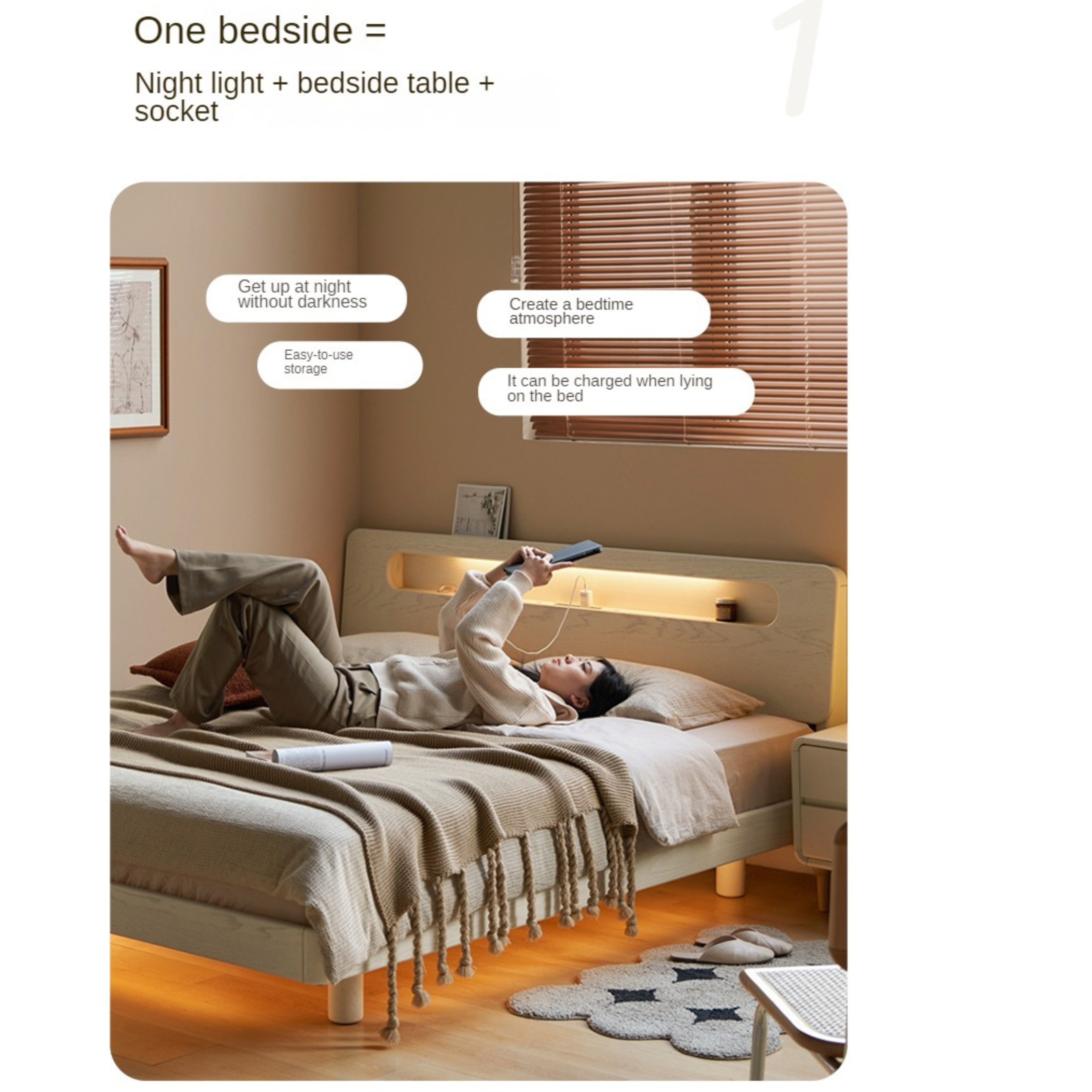 Oak Solid Wood Bed Cream Suspension Bed Luminous