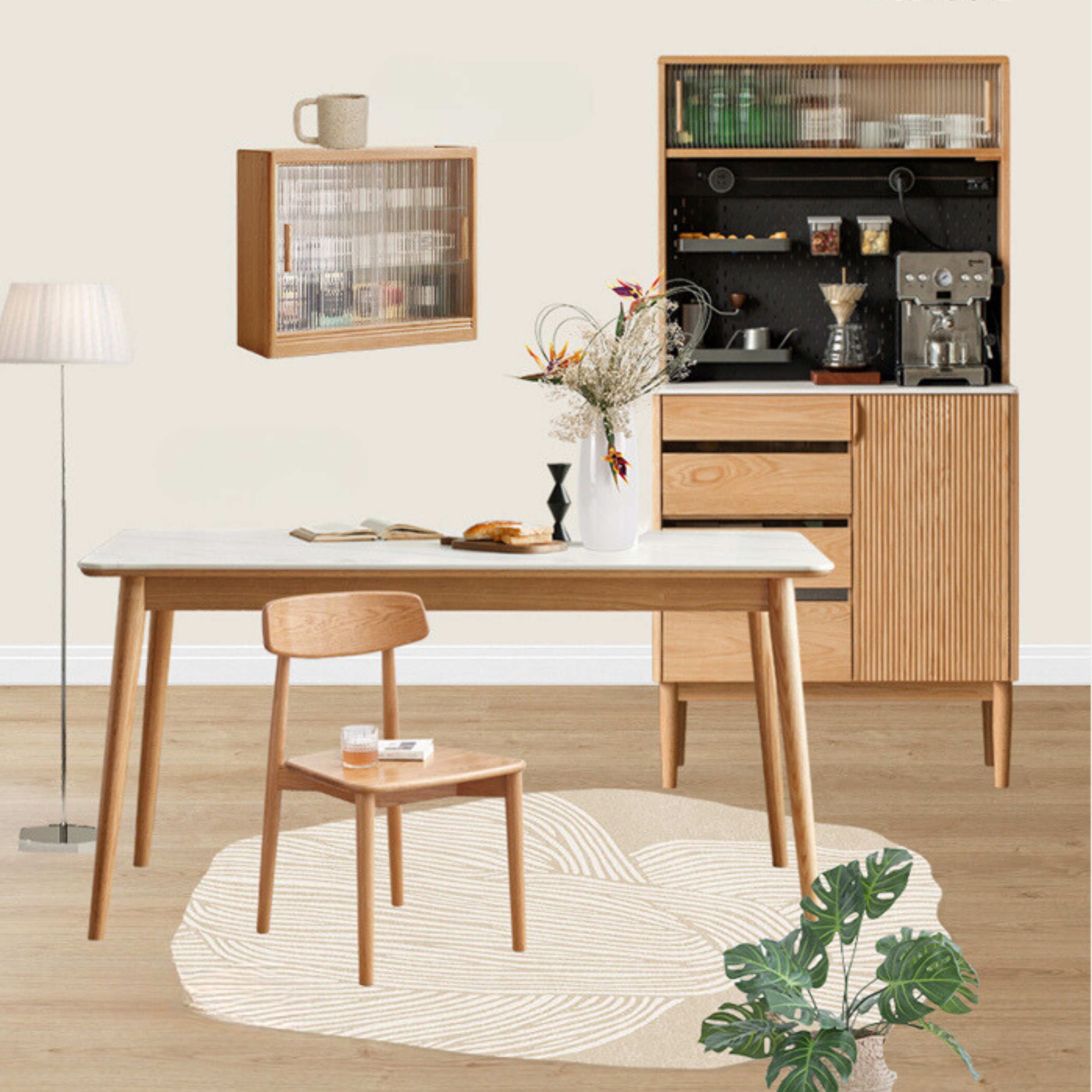 Oak Solid Wood Modern Rock Board Side High Tea Cabinet Buffet