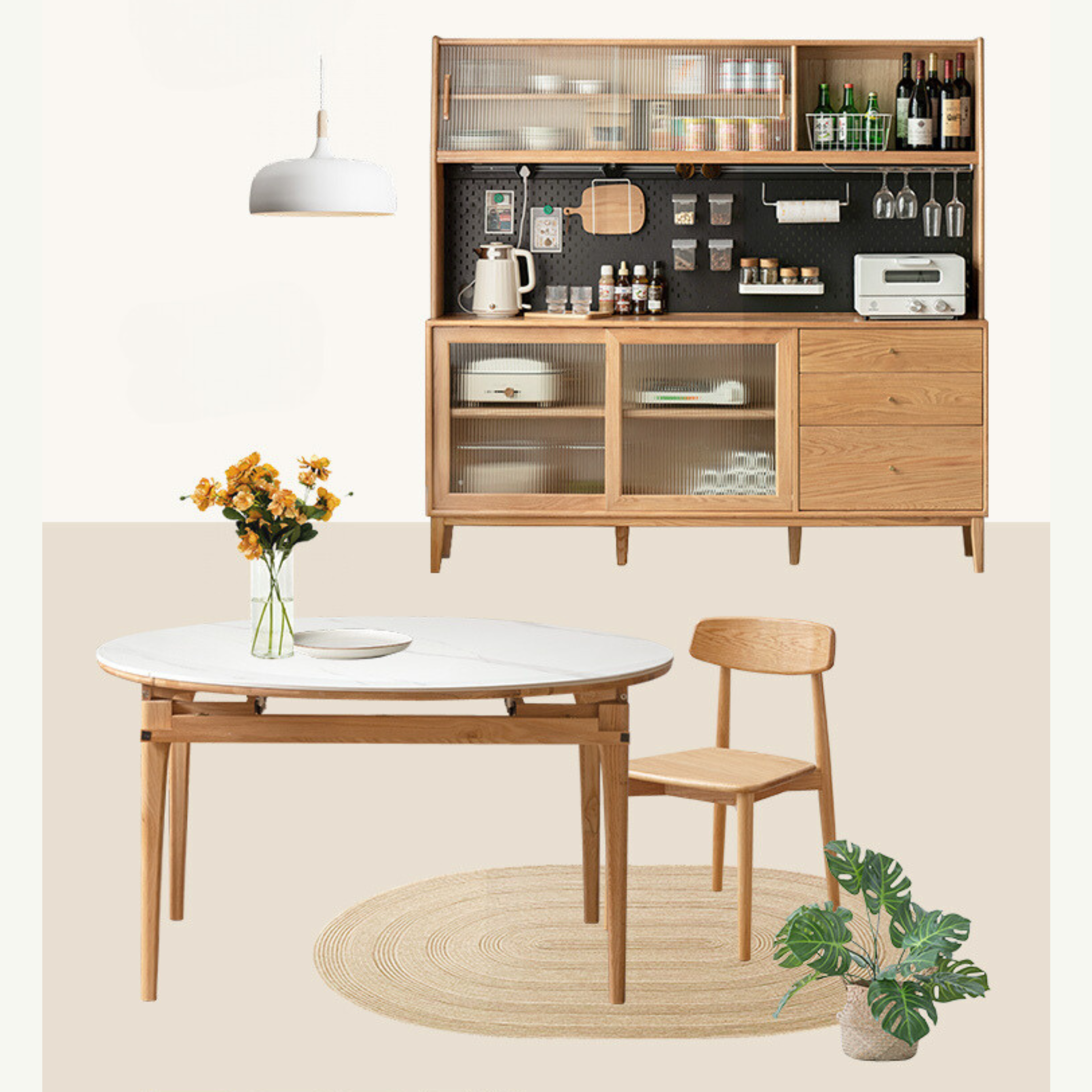Oak, Ash, Black Walnut, Cherry, Beech Solid Wood, Solid RubberWood Ultra-thin Sideboard Sliding Door