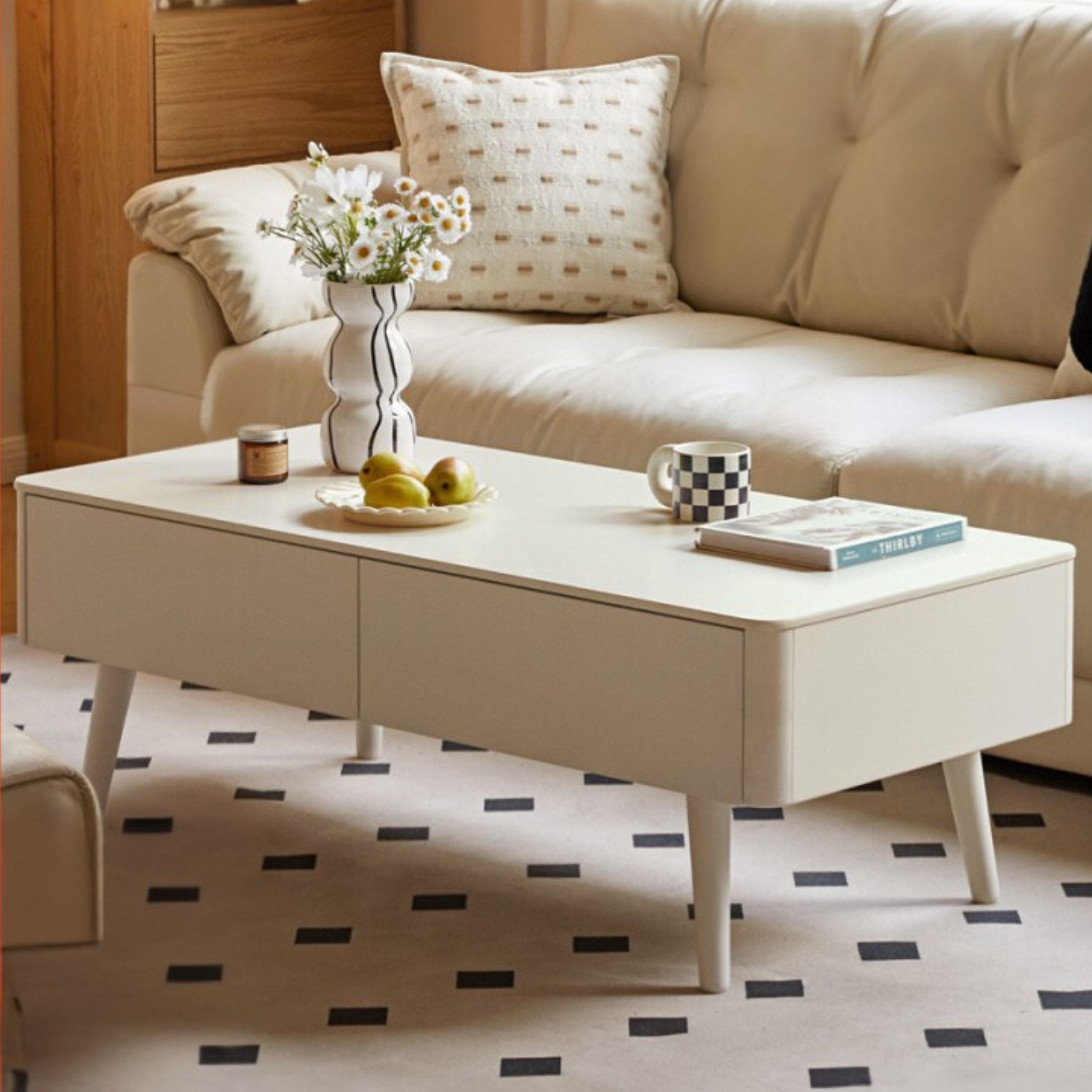 Rubber Solid Wood White Cream Style Rock Plate Coffee Table