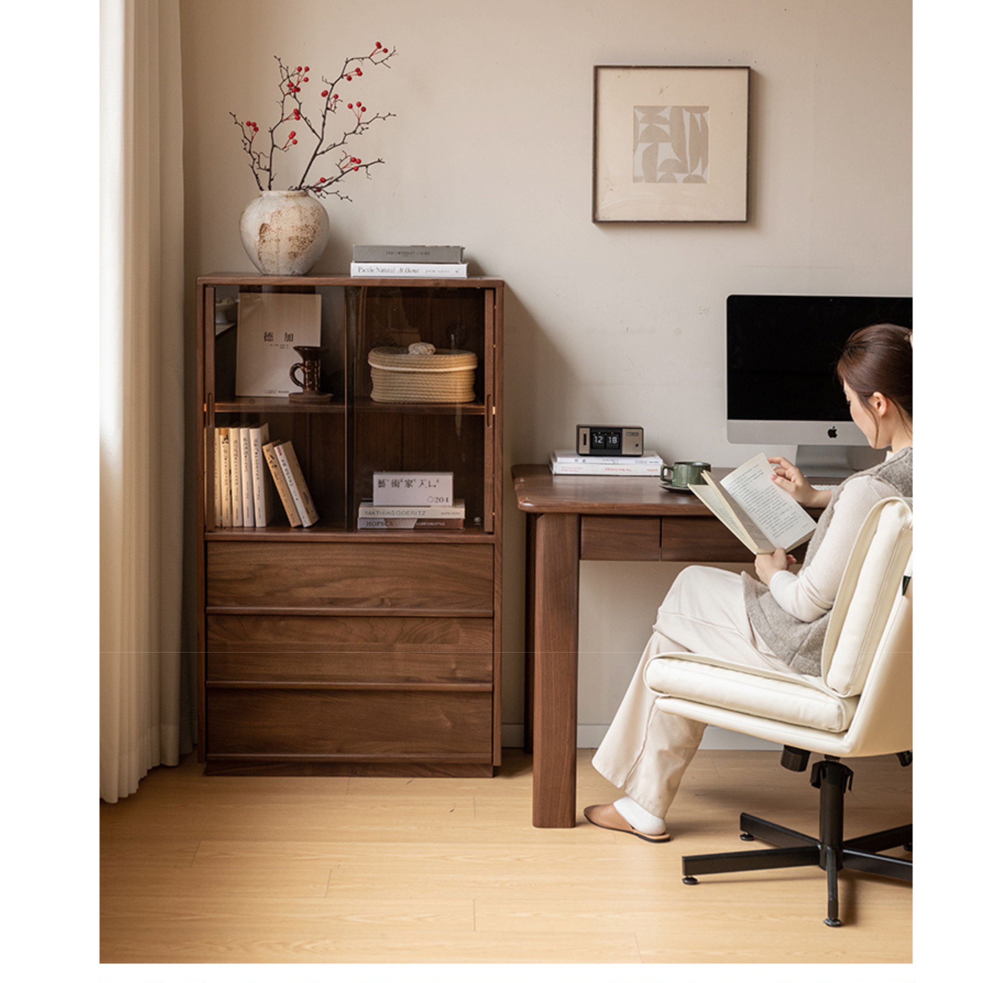 Oak, White oak, Black Walnut Solid Wood Wabi-Sabi Style Floor Side Cabinet.