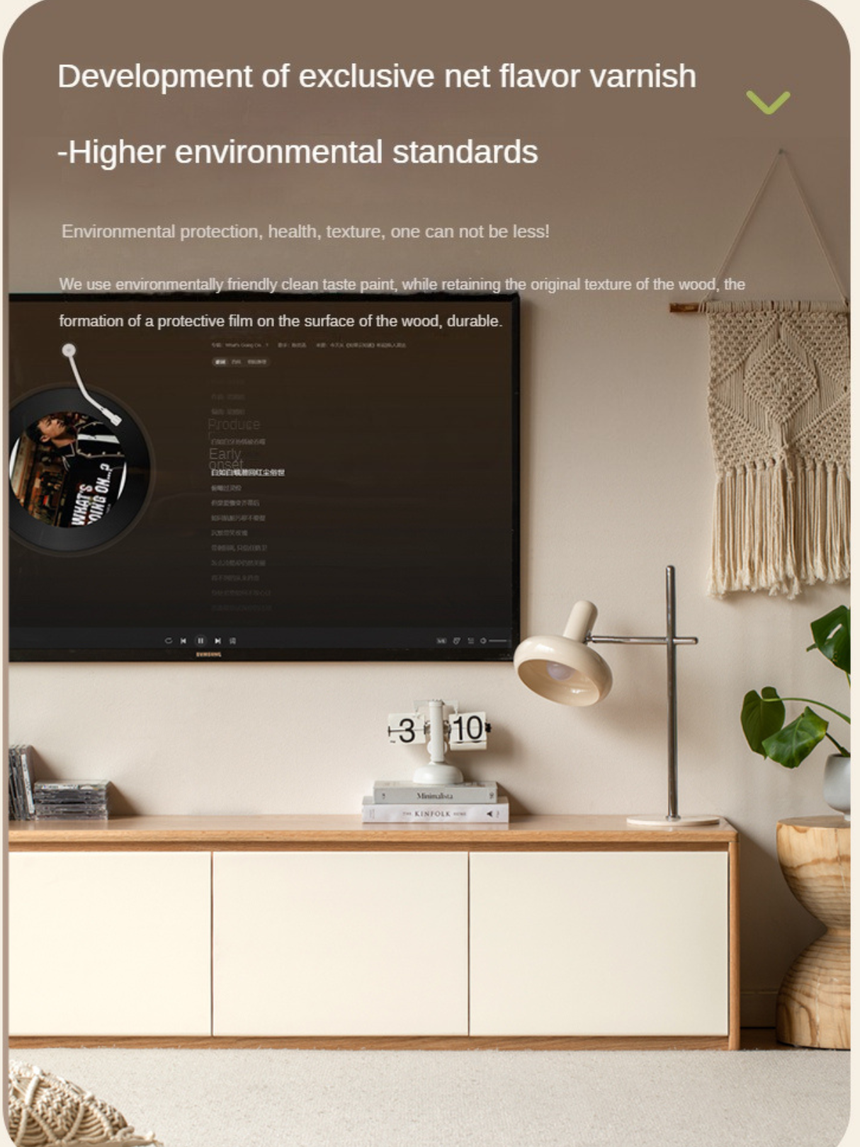 Beech, Oak Solid Wood Modern White Integrated Log Floor TV Cabinet.