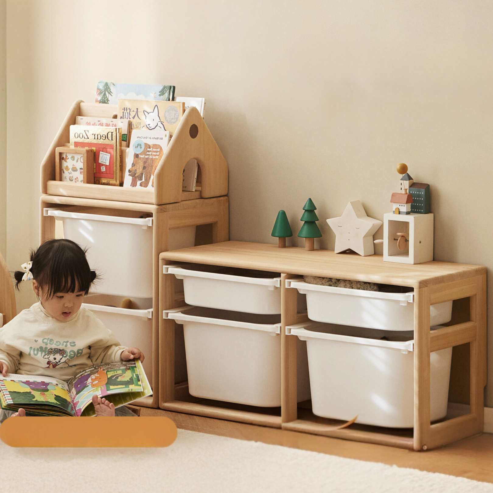 Solid Wood Children's Storage Rack Montessori Toy Storage Cabinet