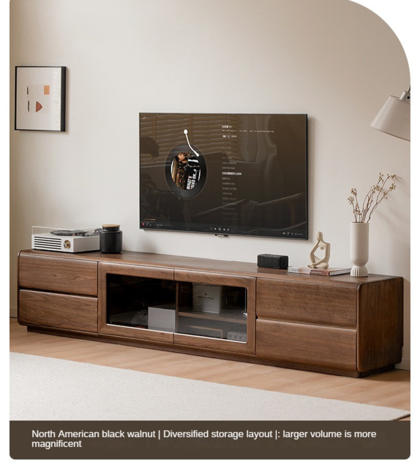 Black Walnut, Sandalwood, Ash Solid Wood Floor TV Cabinet.