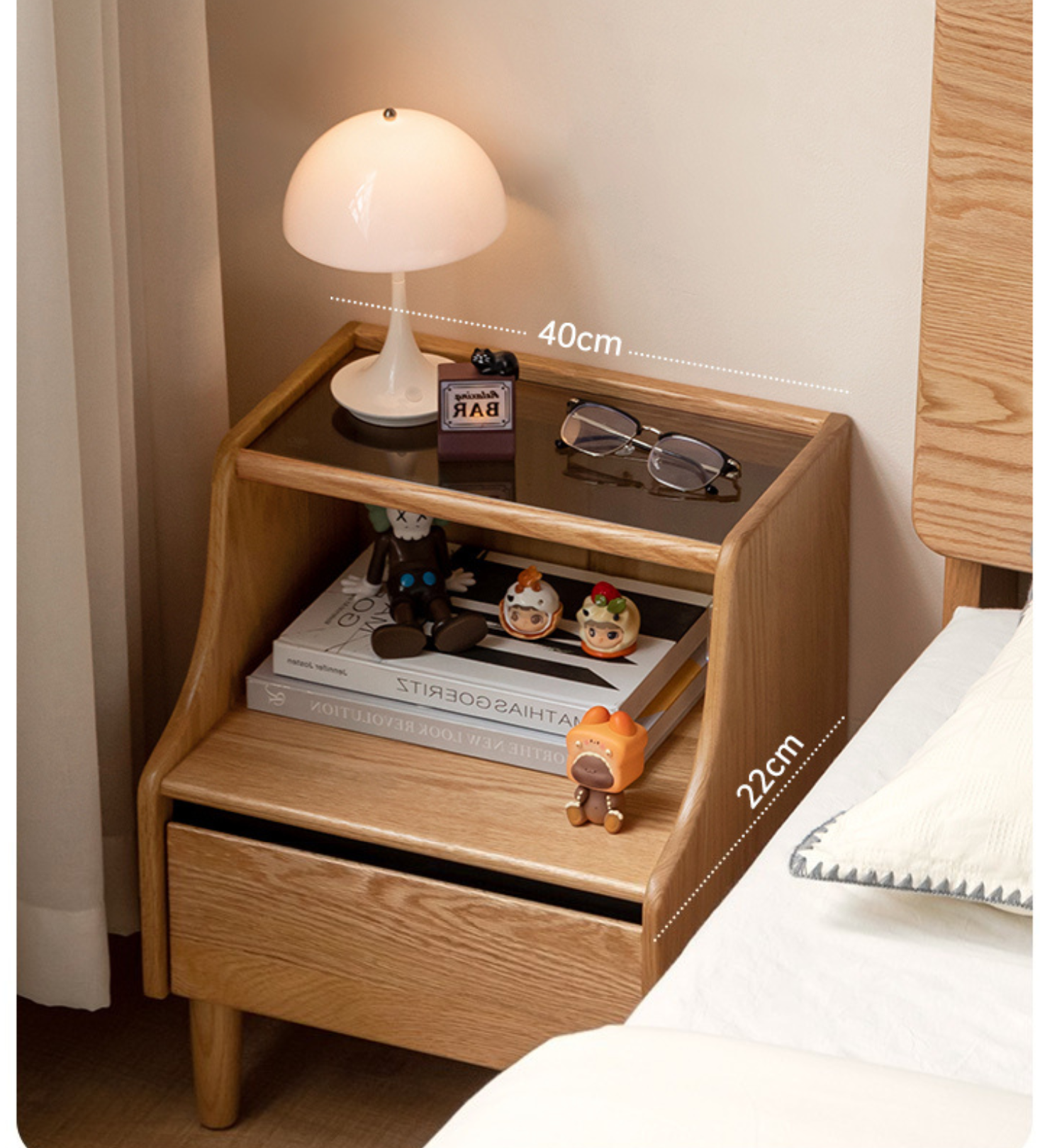 Oak Solid Wood, Solid Rubberwood Glass Nightstand