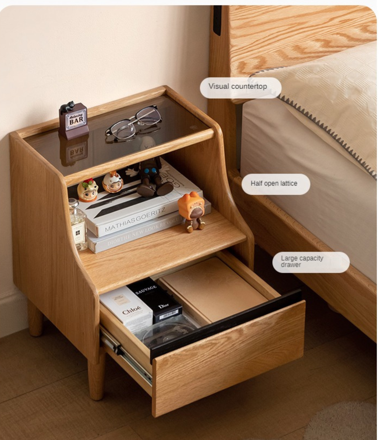 Oak Solid Wood, Solid Rubberwood Glass Nightstand