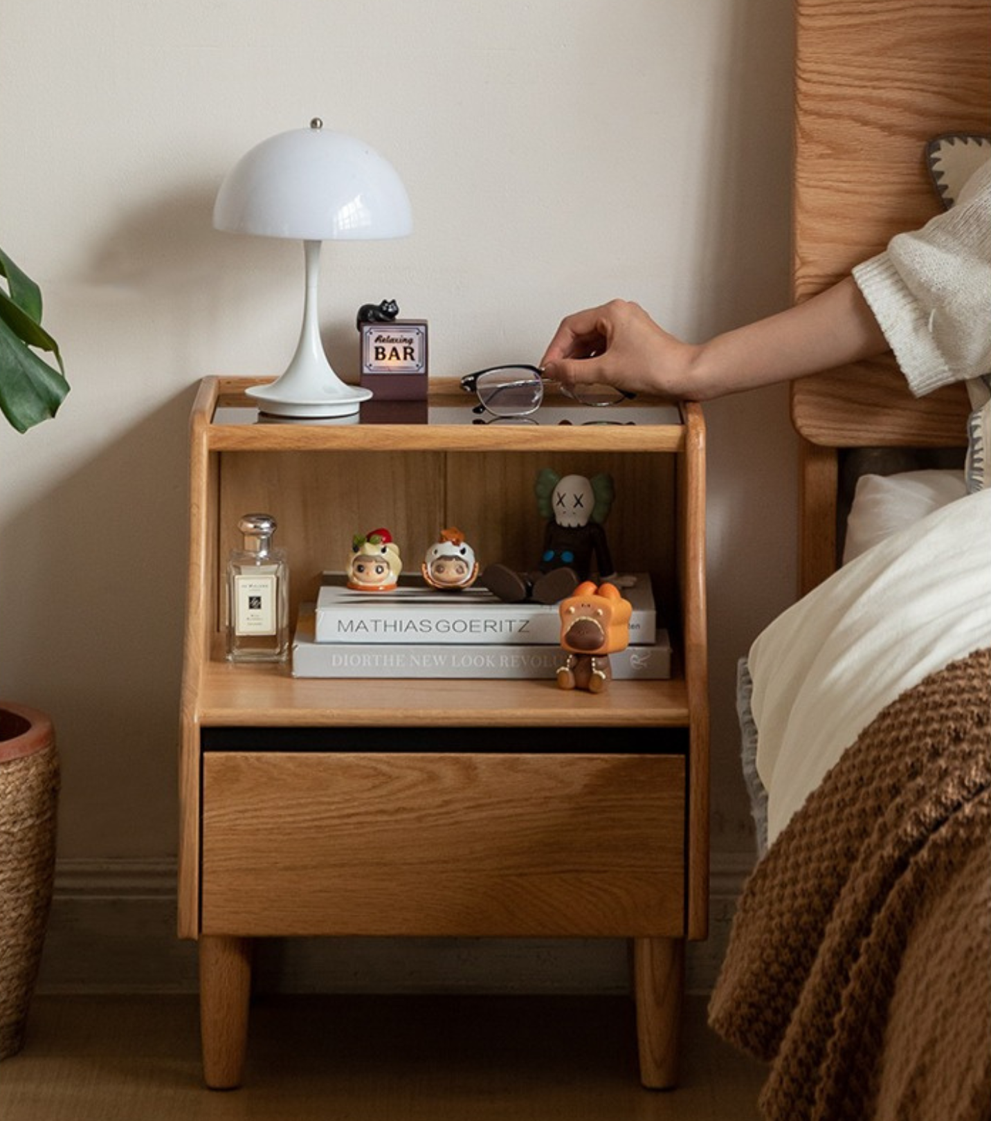 Oak Solid Wood, Solid Rubberwood Glass Nightstand