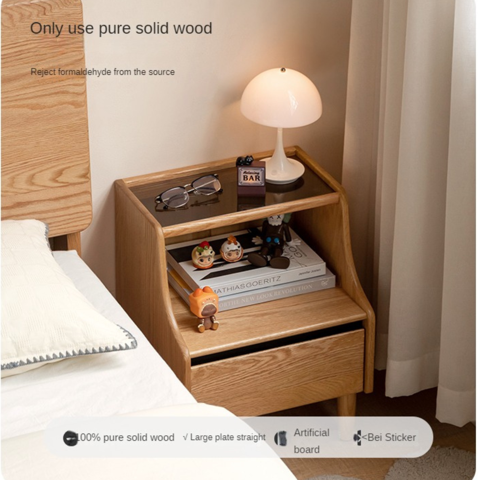 Oak Solid Wood, Solid Rubberwood Glass Nightstand