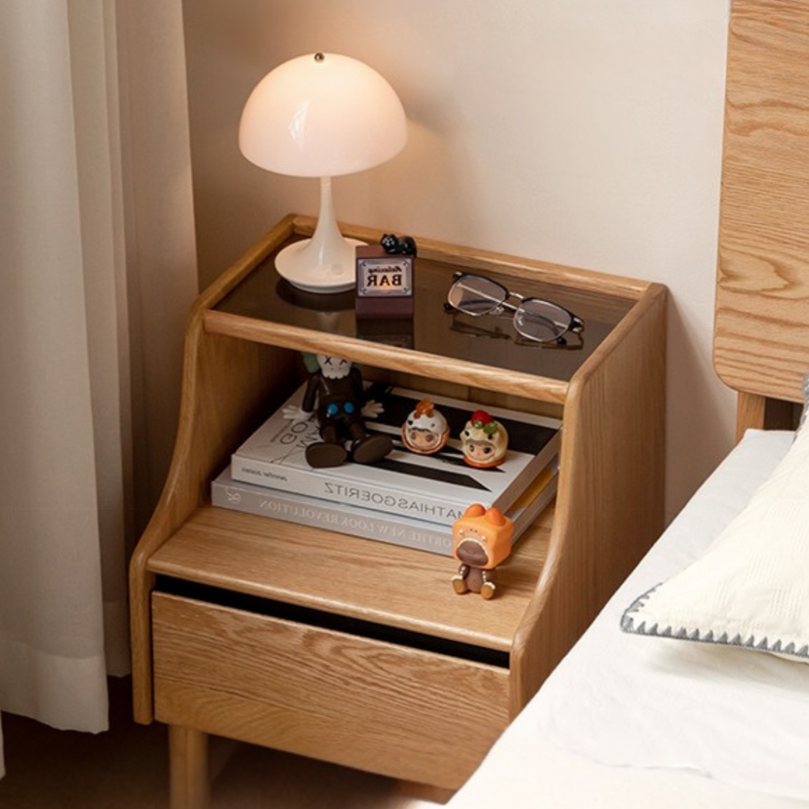 Oak Solid Wood, Solid Rubberwood Glass Nightstand