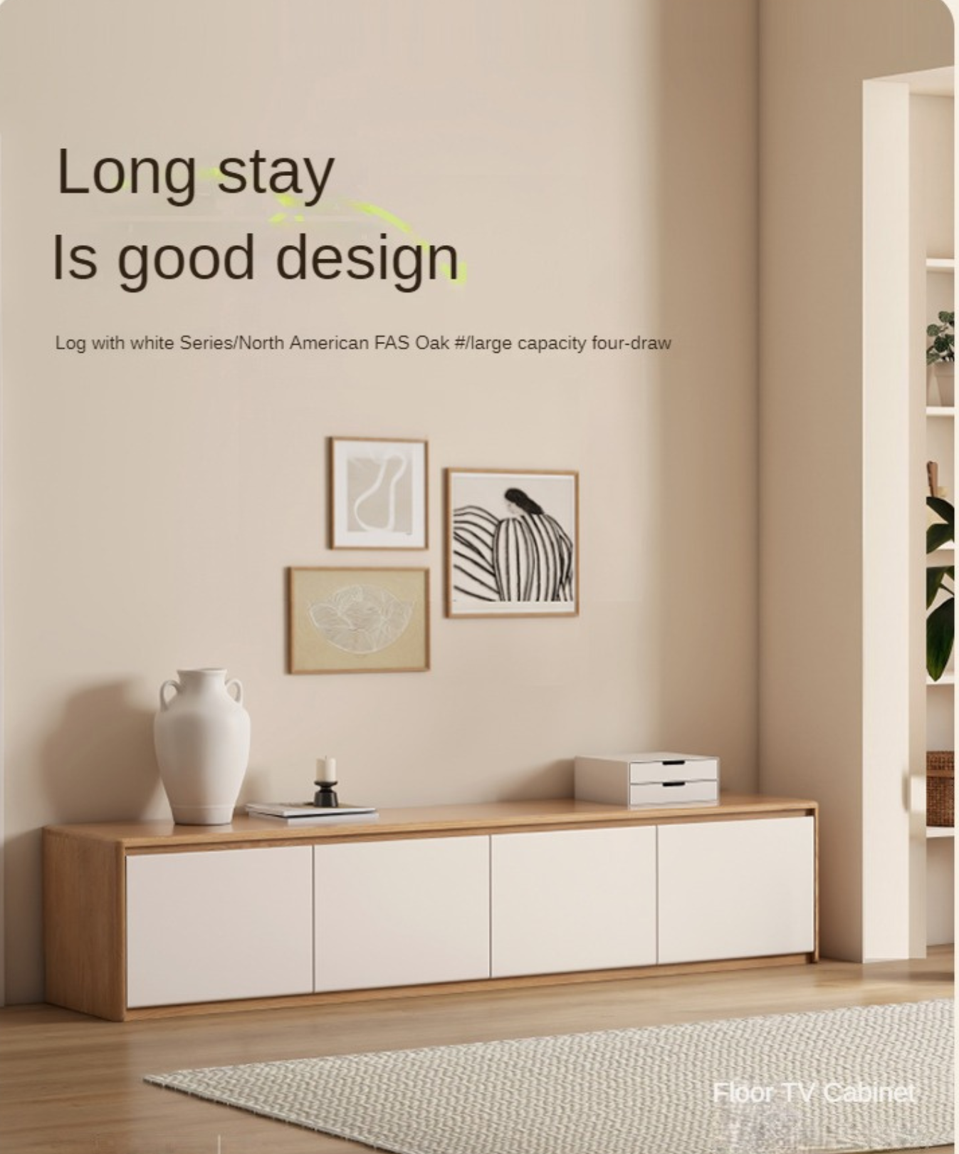 Beech, Oak Solid Wood Modern White Integrated Log Floor TV Cabinet.