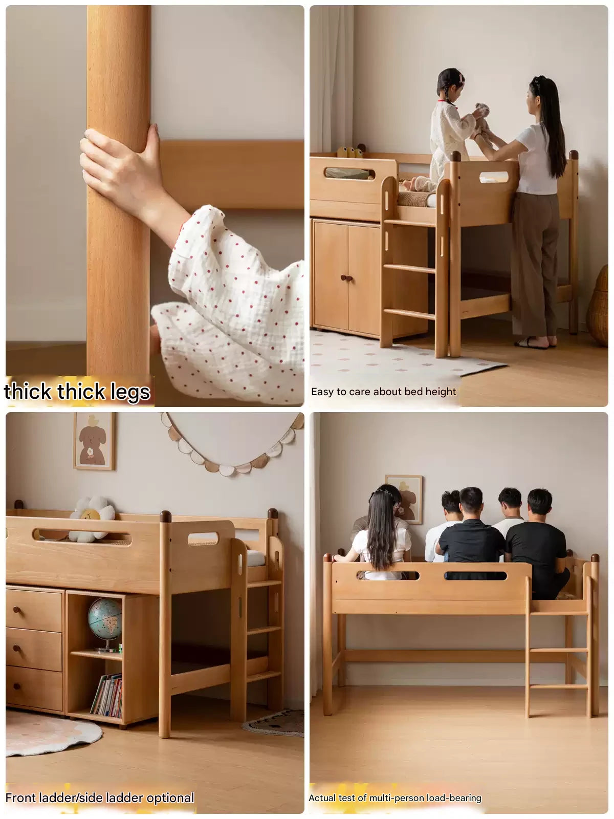 Beech Nordic Children's Solid Wood Loft Bed, Modern Minimalist Multifunctional Combination Bed with Table