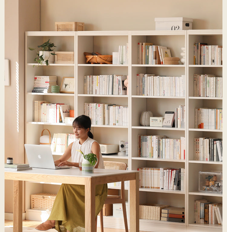 Poplar, Rubber Solid Wood Bookshelf Wall-To-Ceiling Shelf White Cream Style