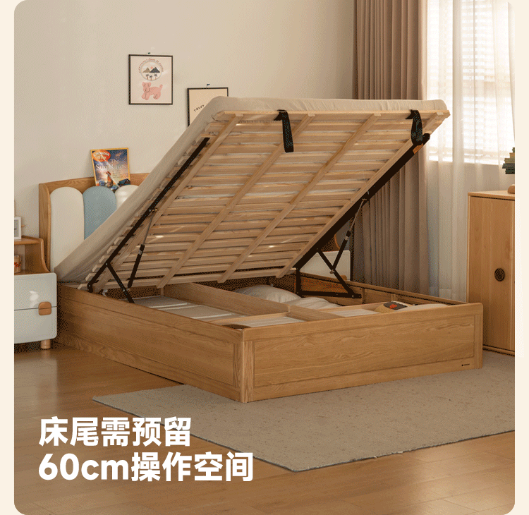 Oak Solid Wood Kids Bed with Adjustable Channel-Tufted Headboard and Gas-Lift Storage