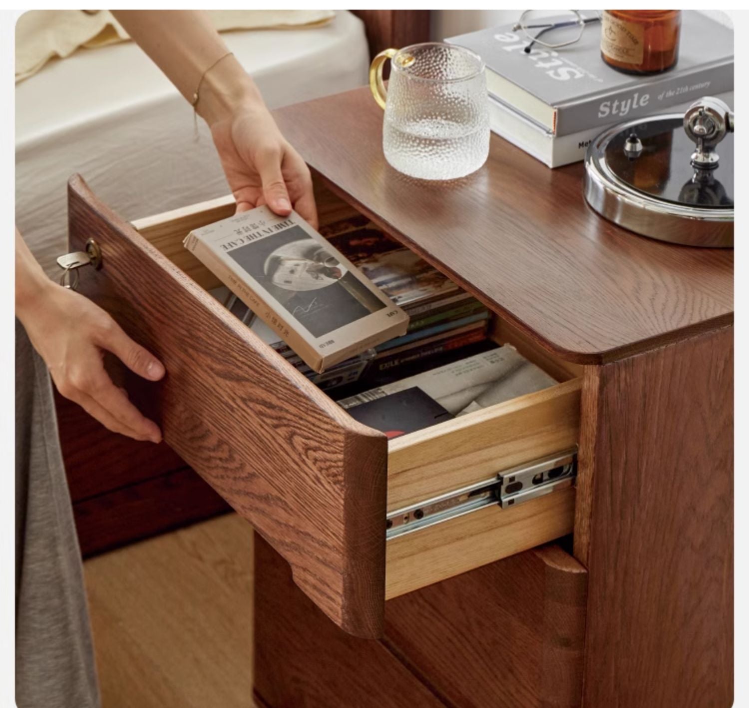 Oak Solid Wood Nightstand with Lock.