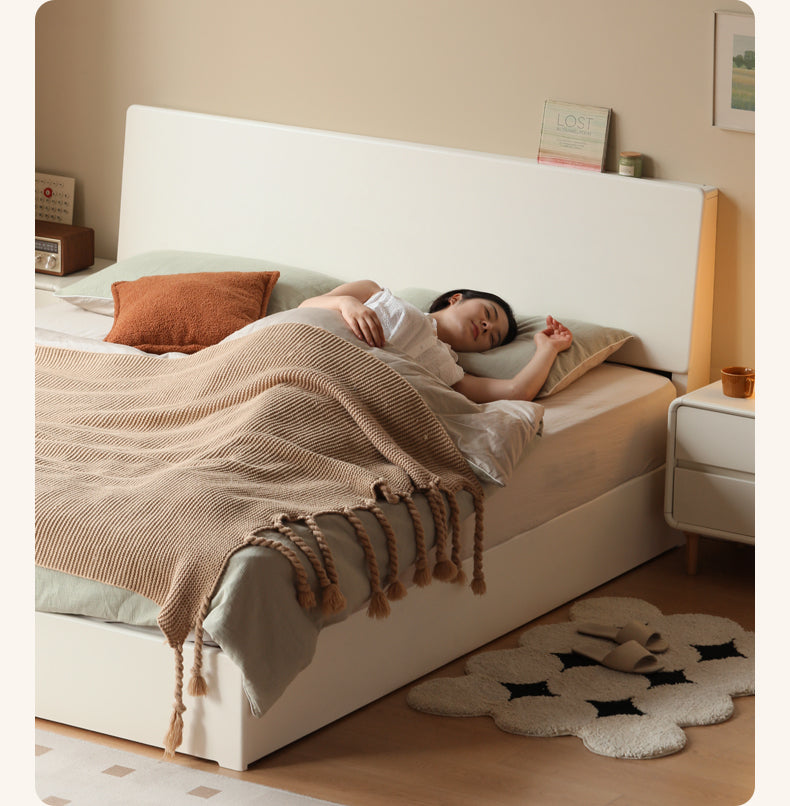 Rubber Wood,Poplar Solid Wood Box Bed, Cream Storage Bed