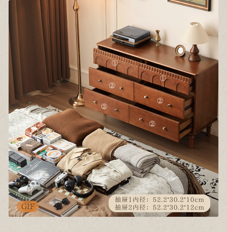 Poplar Solid Wood Medieval Style French Retro Six-Drawer Chest