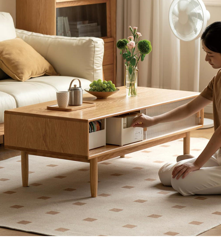 Oak, Beech, Solid Rubberwood Glass Doors Coffee Table