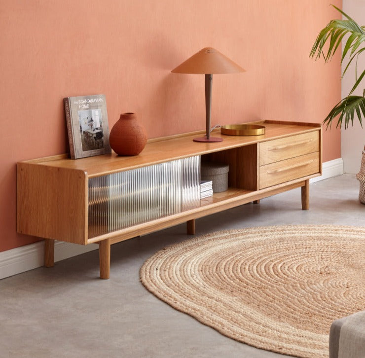 Oak solid wood TV stand sliding door"
