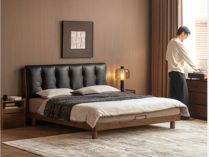 Black Walnut Solid Wood Leather Upholstered Platform Bed with Vertical Channel Tufted Headboard
