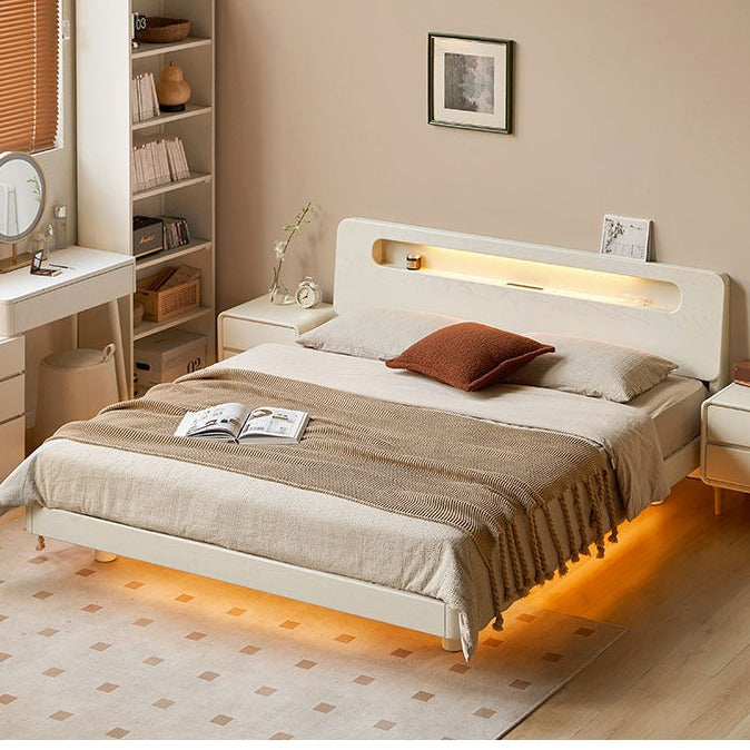 Oak Solid Wood Bed Cream Suspension Bed Luminous