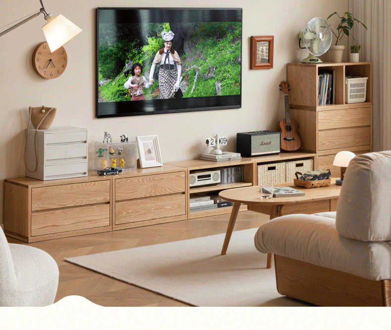 Ash Solid Wood Modern TV Cabinet with Freely Combineable Bookshelf and Storage