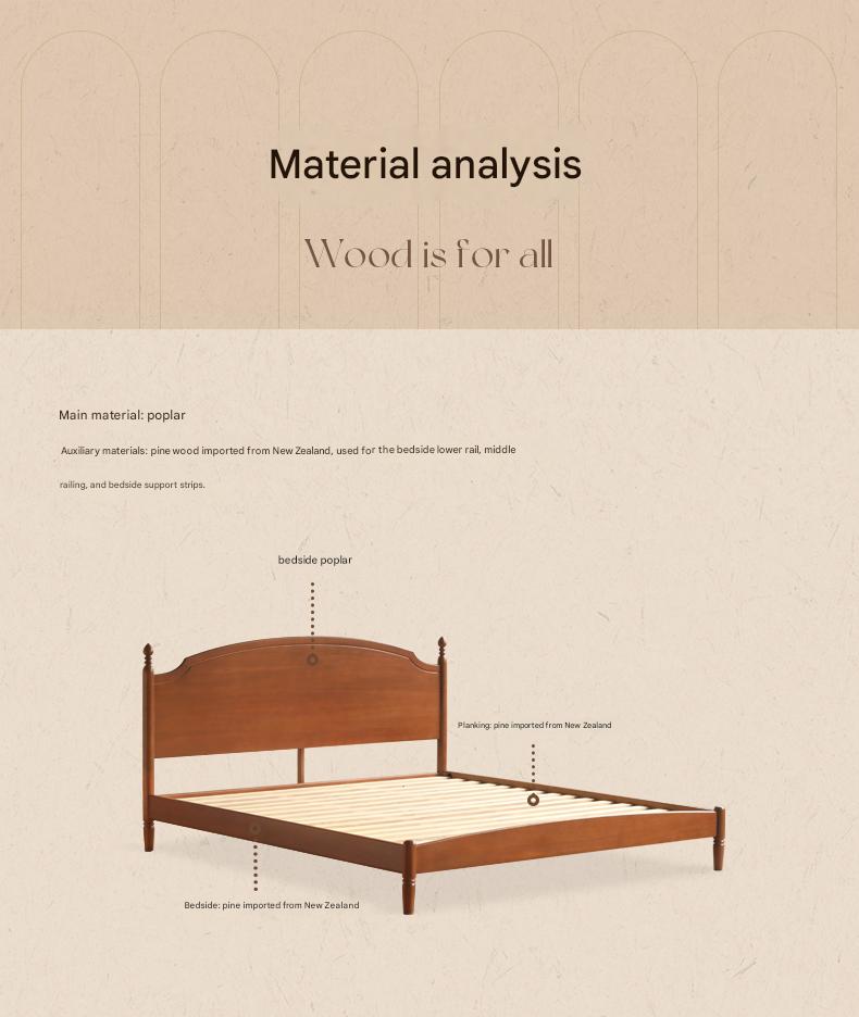 Poplar, Cherry Solid Wood French Retro Large Board Bed